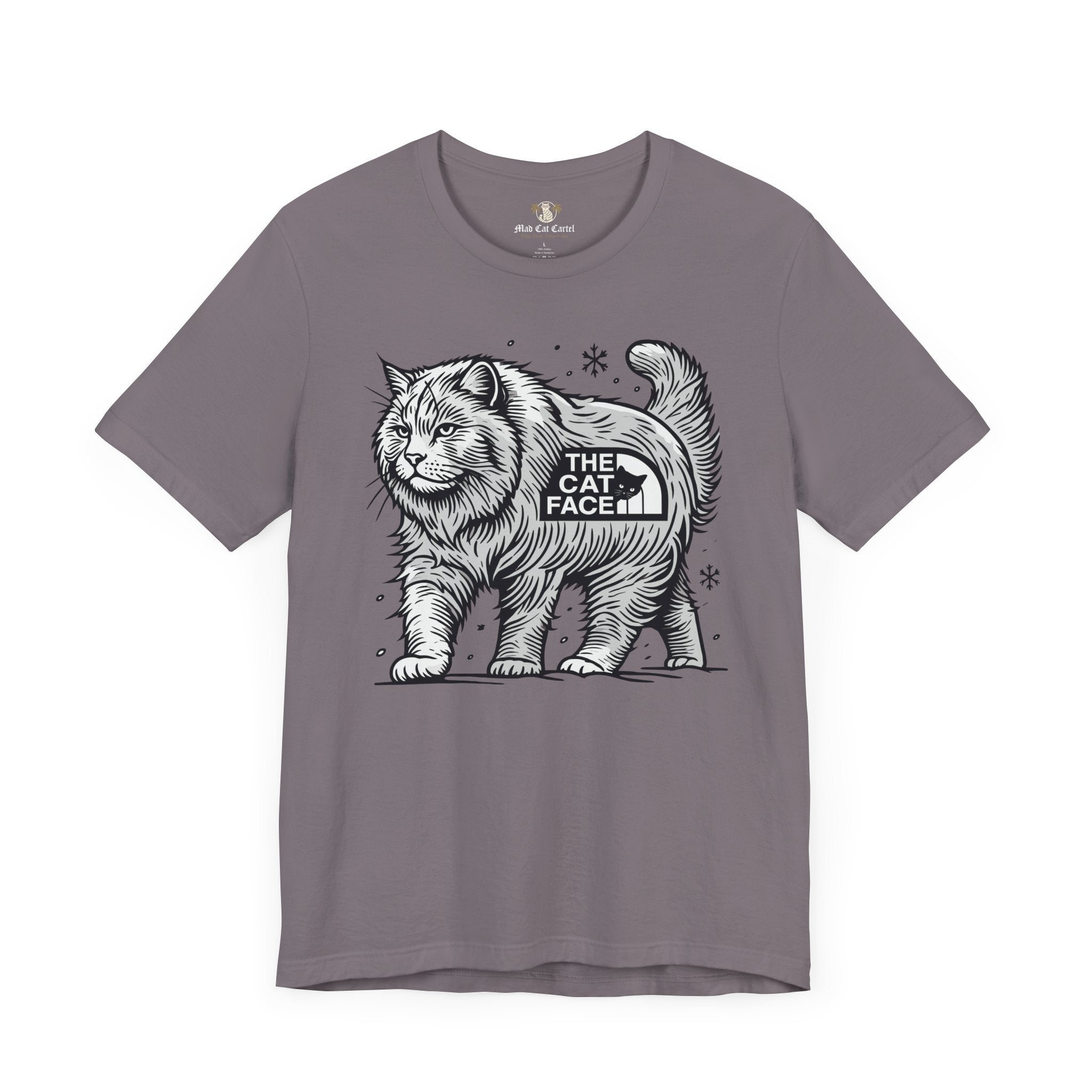 Storm Snow Explorer cat graphic t shirt flat front – cat print tee shirts