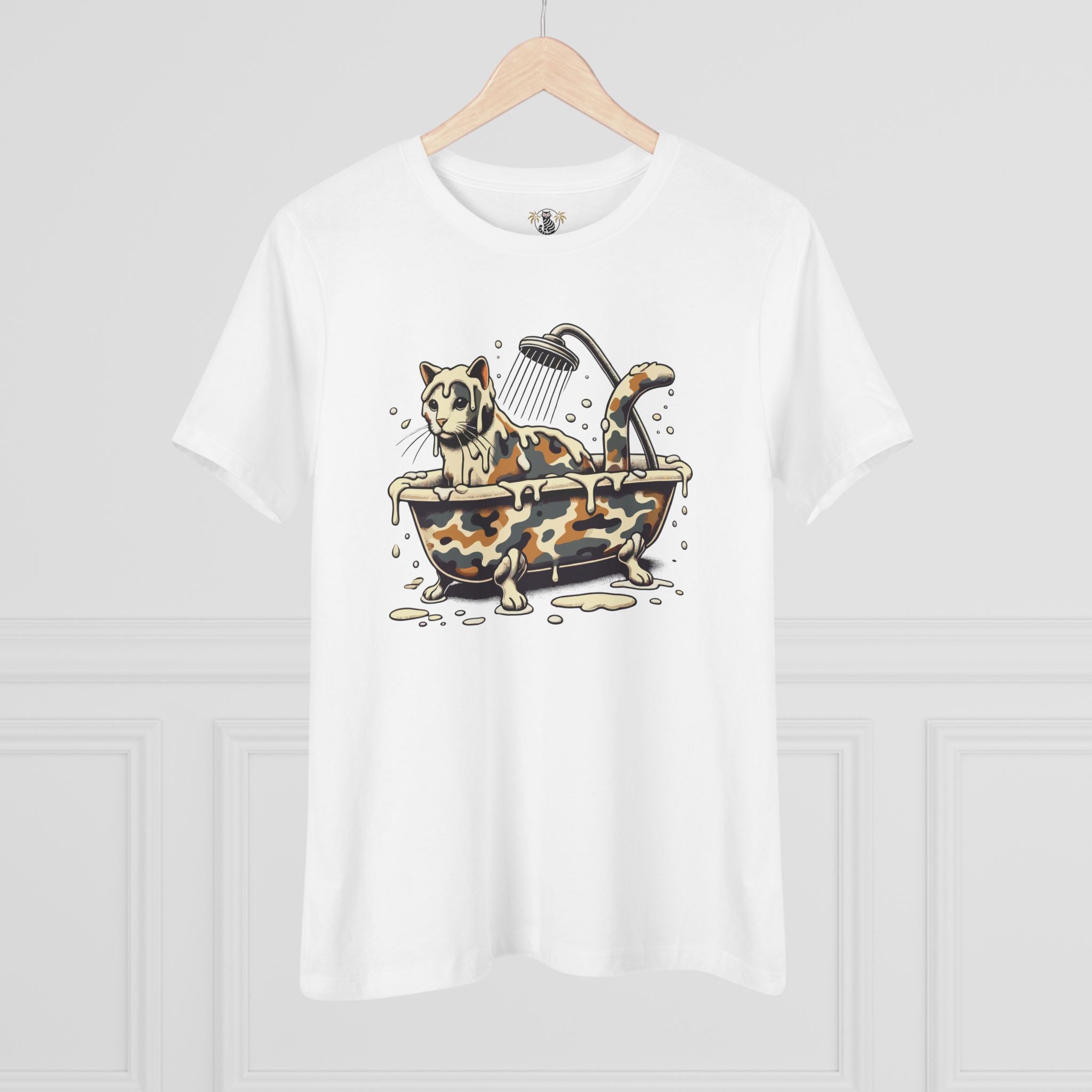 White cool cat shirts hanging front view