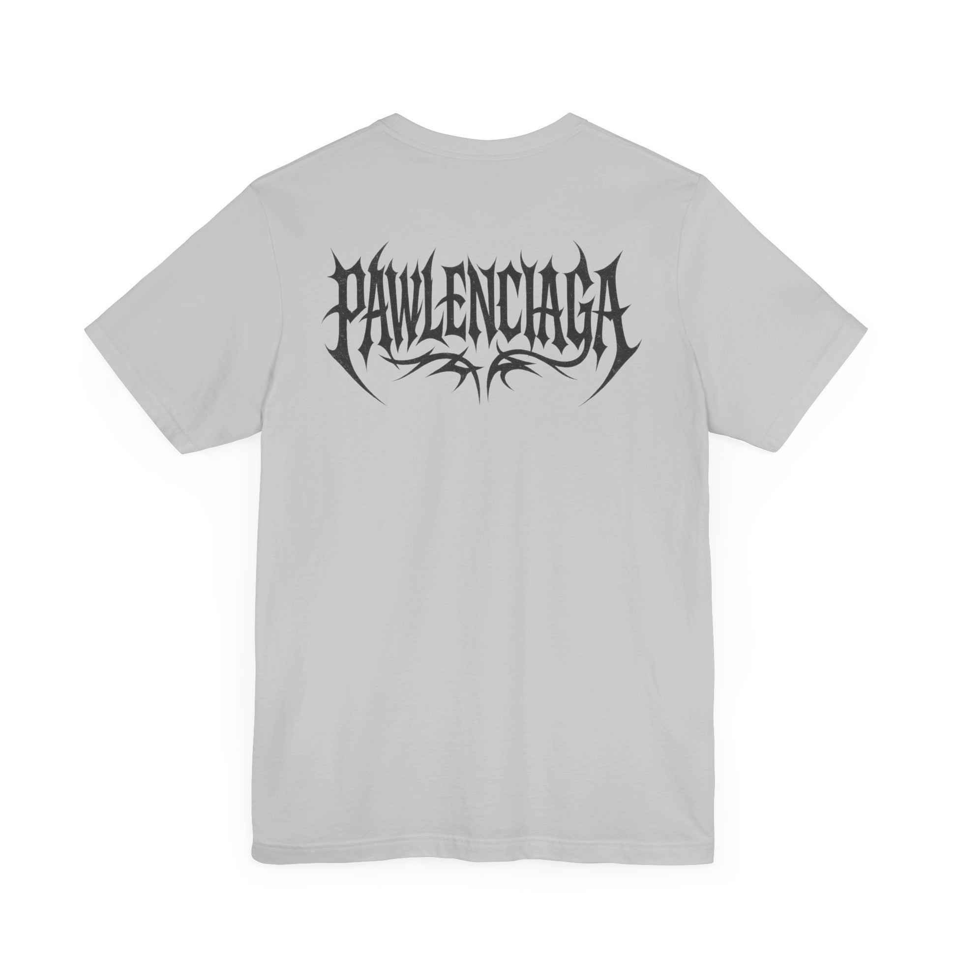 Pawlenciaga Apocalypse Cat Graphic T Shirt in Solid Athletic Grey, flat lay back view, cat themed shirts, cool mens t shirts, shirts for cat lovers