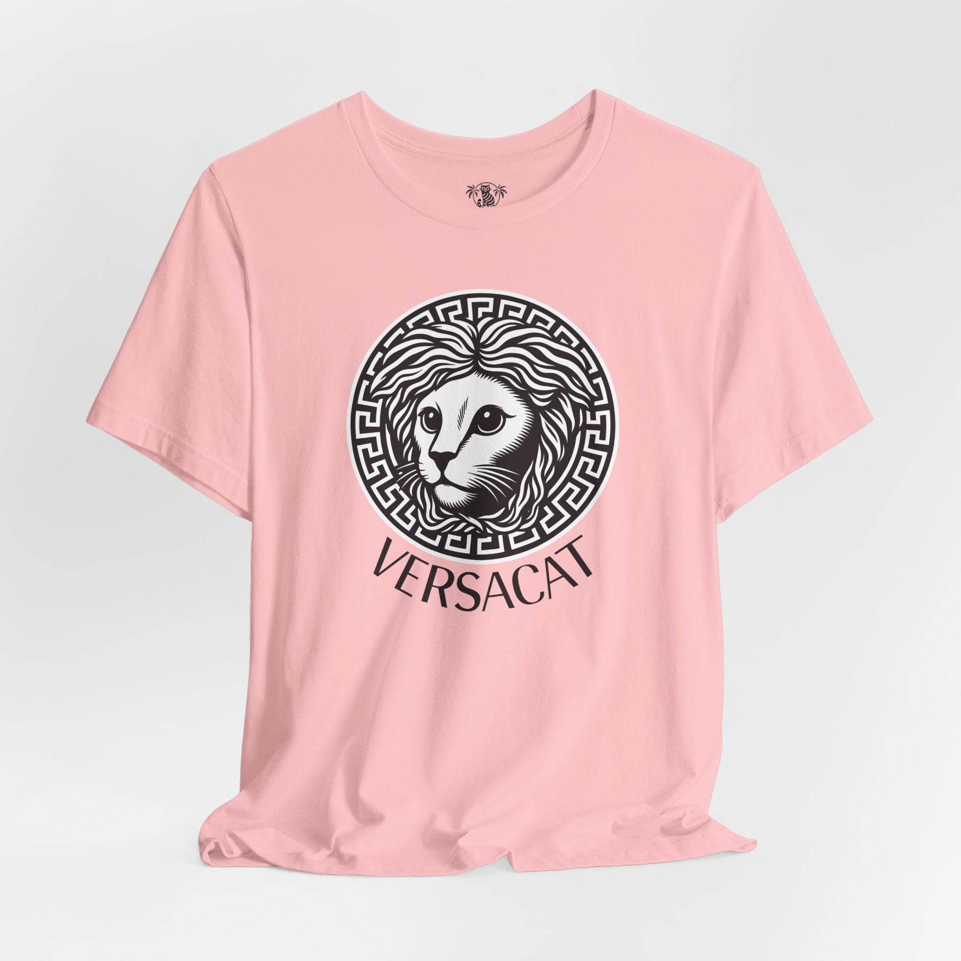 Pink Versacat Medusa cat t-shirt with emblem design