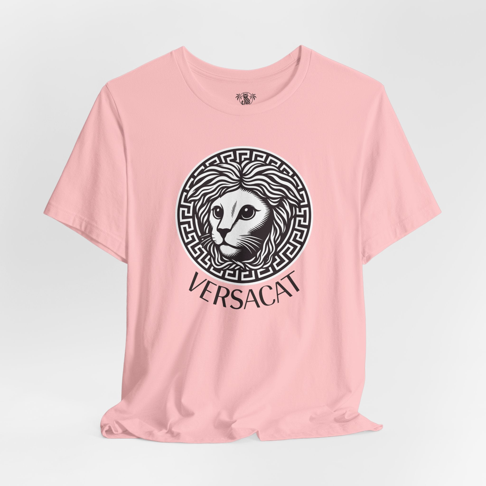 Pink Versacat Medusa cat t-shirt with emblem design