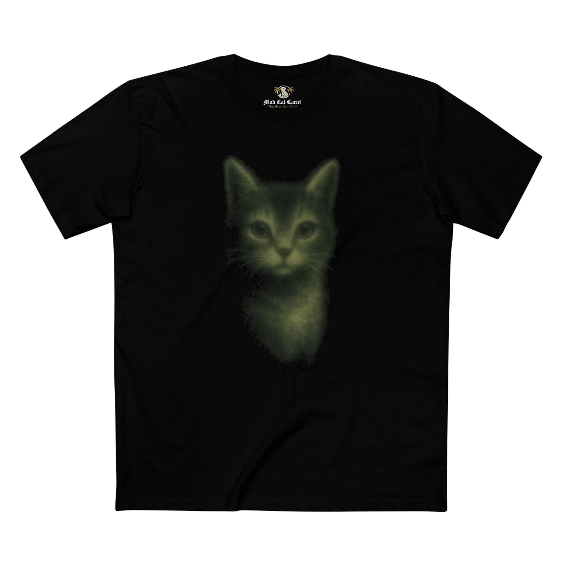 Louis Mewtton Pink Aura Kitty Print Women's Black T Shirt flat front glowing kitten graphic