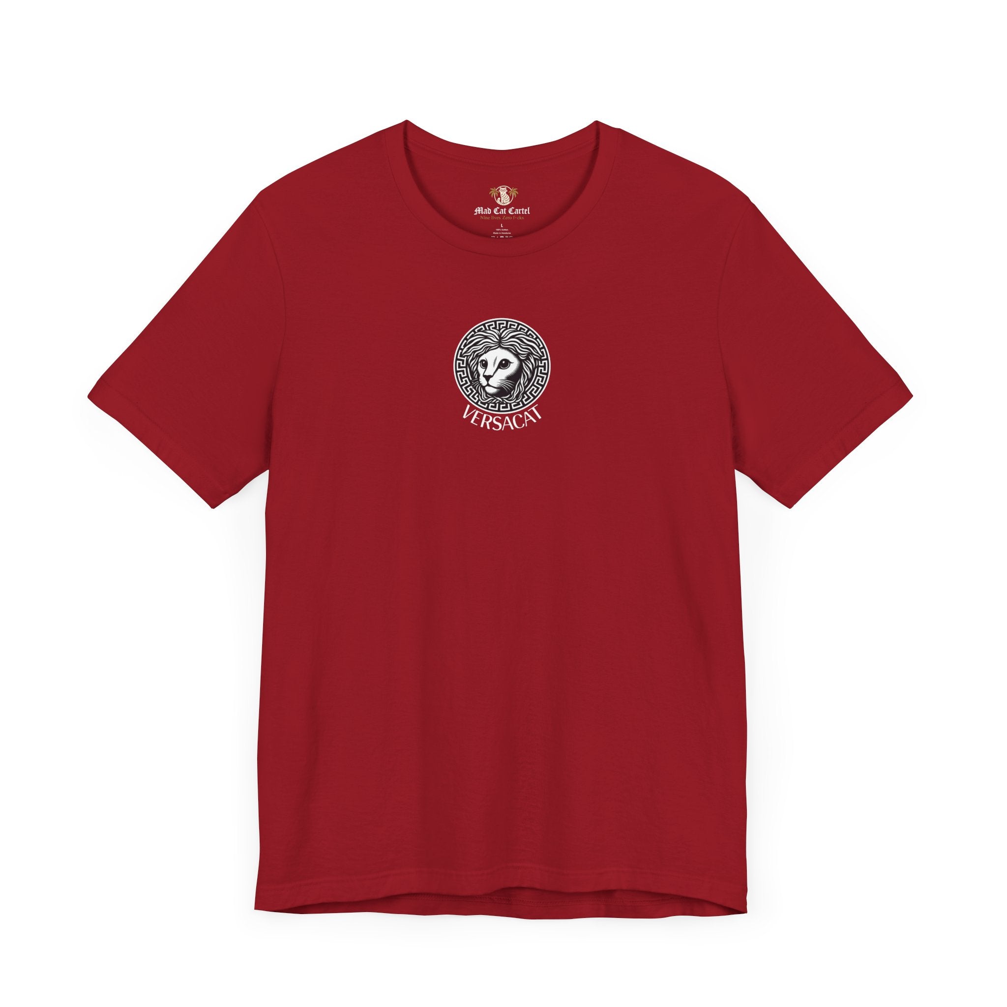 Canvas red Versacat Imperial Emblem graphic cat lover t shirt – gift ideas for cat owners and cool cat shirt