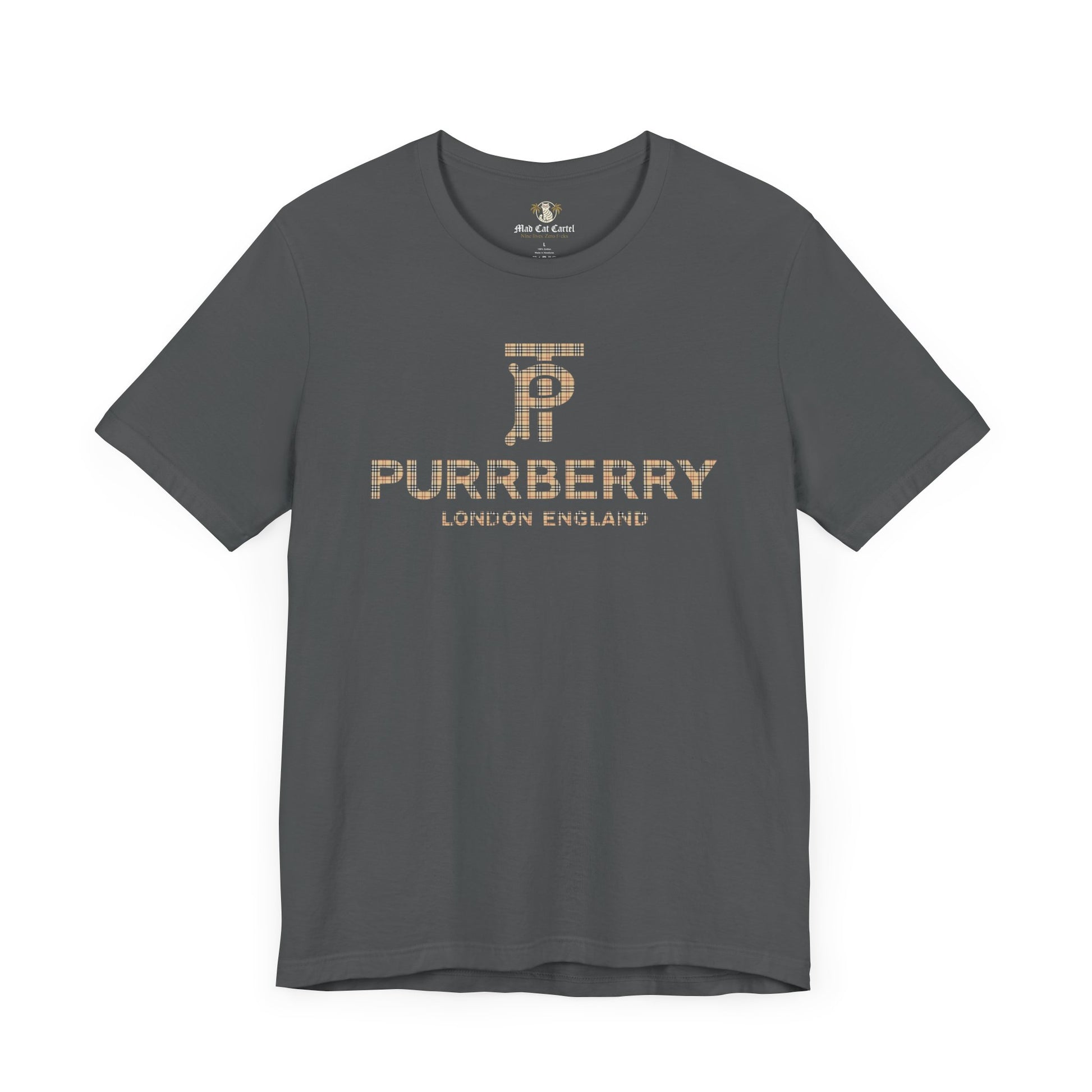 Asphalt Purrberry London Coat Club Cat Graphic T Shirt front view – parody t shirts