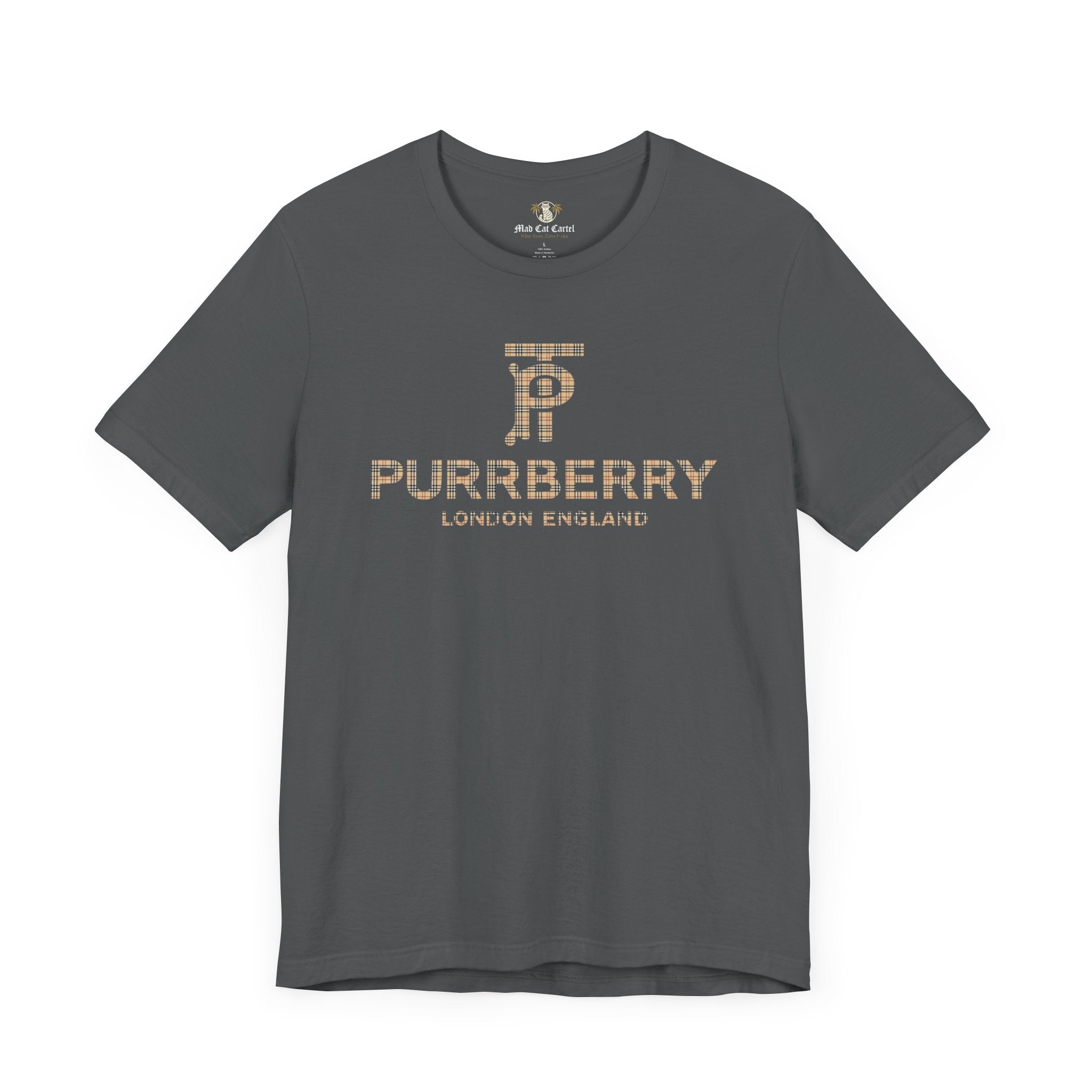 Asphalt Purrberry London Coat Club Cat Graphic T Shirt front view – parody t shirts