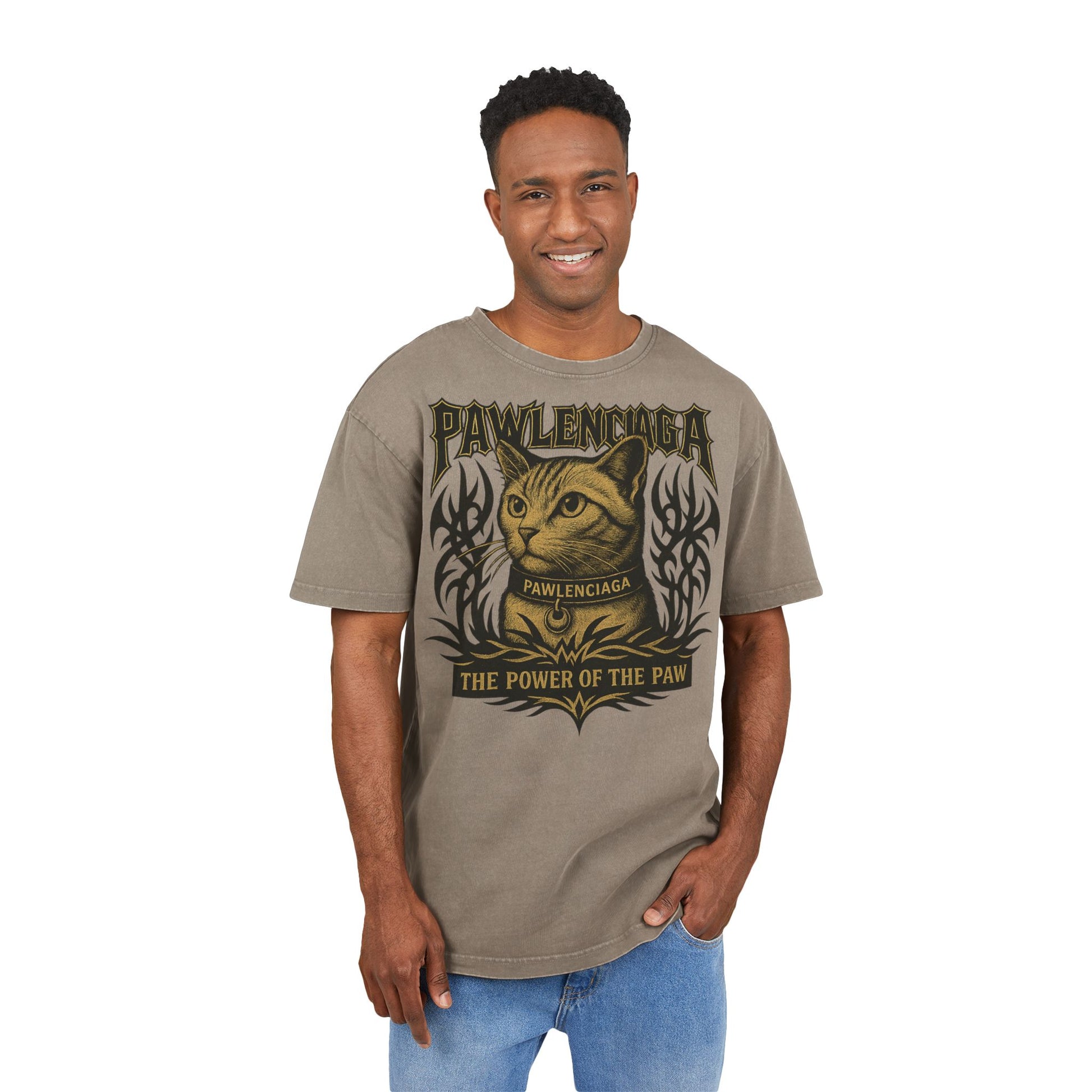 Male model front — Asphalt: Male model wearing Pawlenciaga The Power of Paw Acid Washed Oversized T Shirt in Khahi, front graphic view