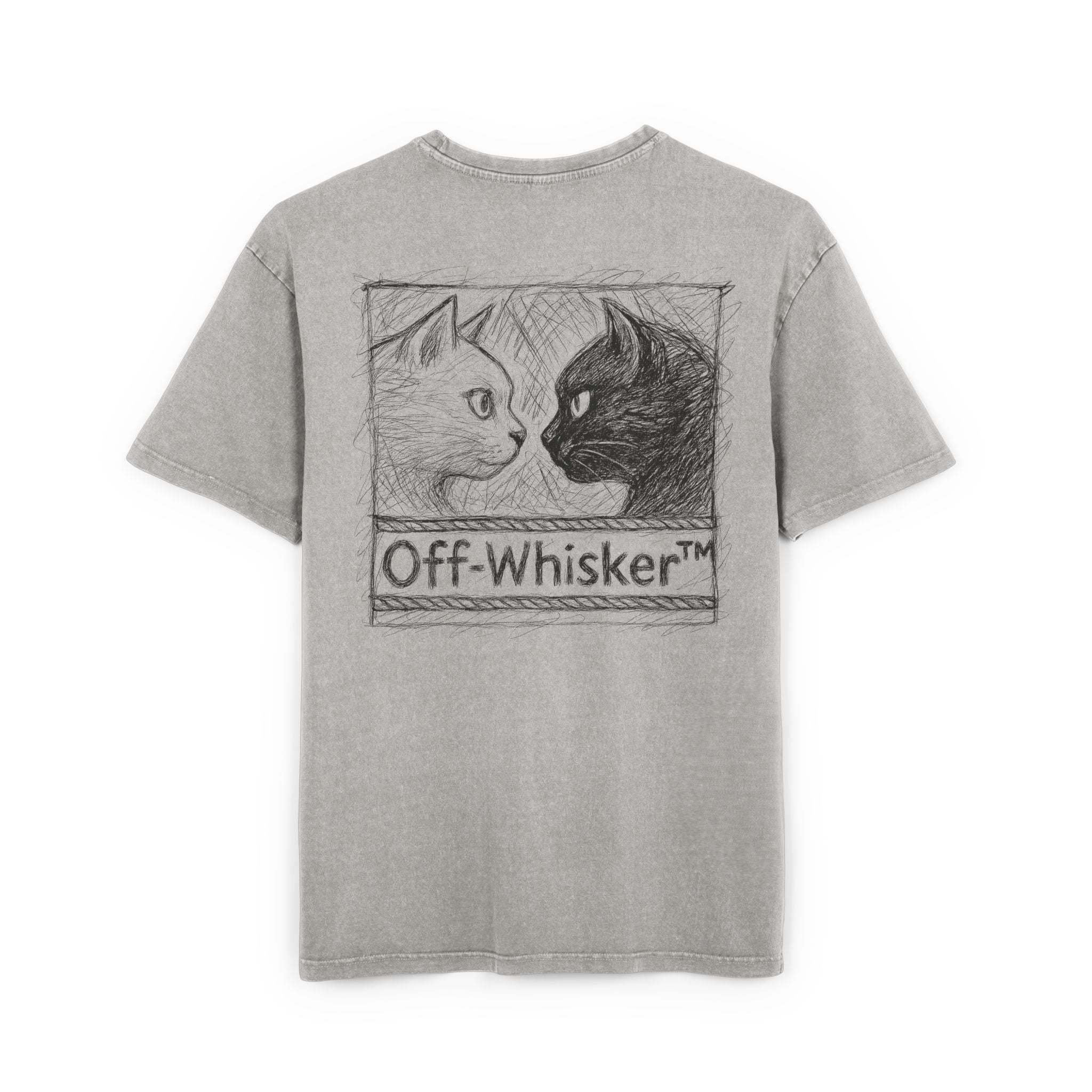 Off-Whisker Cat Knockout Acid Washed Oversized T-Shirt Gray, back view with boxing cat sketch