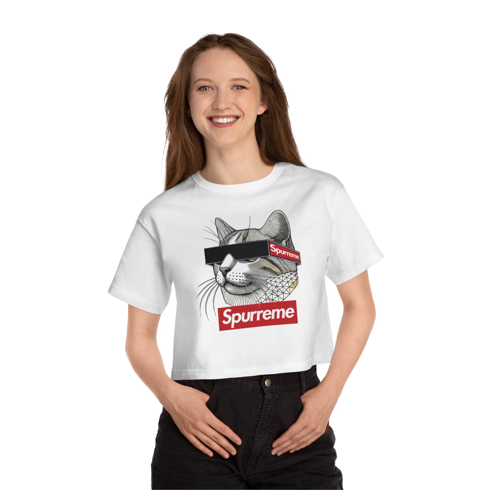 female model wearing Spurreme Cat Cropped Top in White, cat lover t shirts