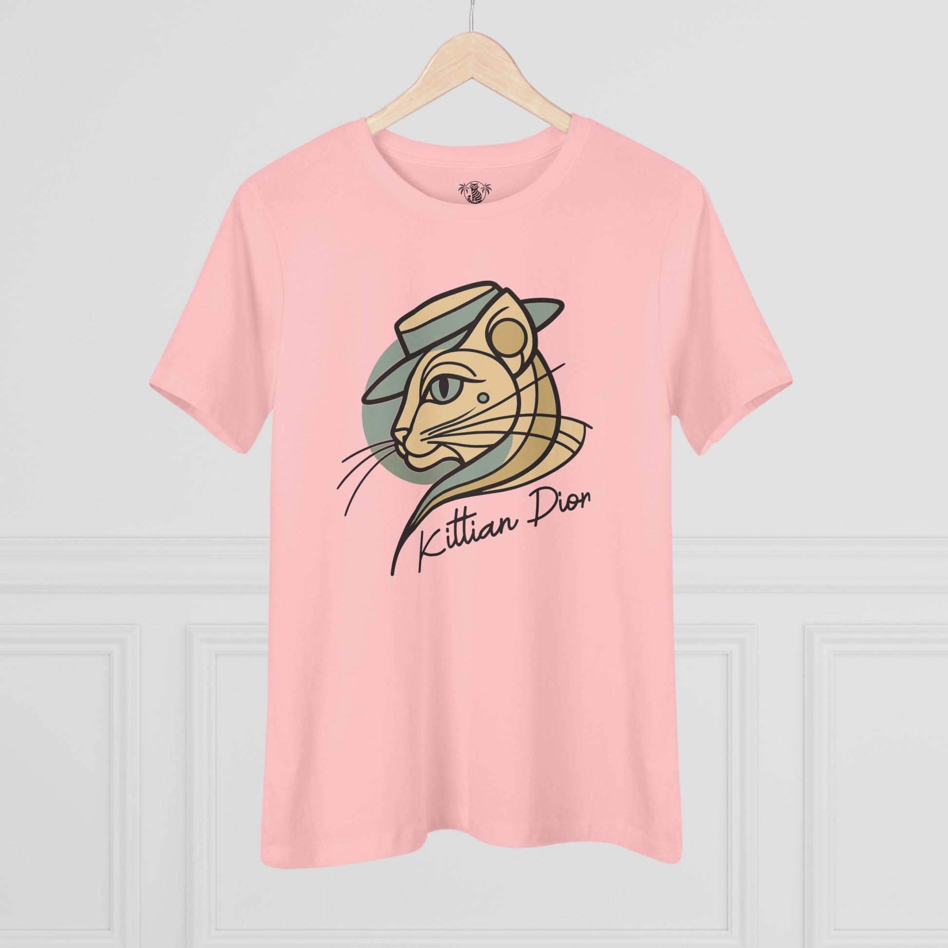 Kittian Dior Art Deco Hat Cat Pink T-Shirt hanging front view unique gifts for cat lovers