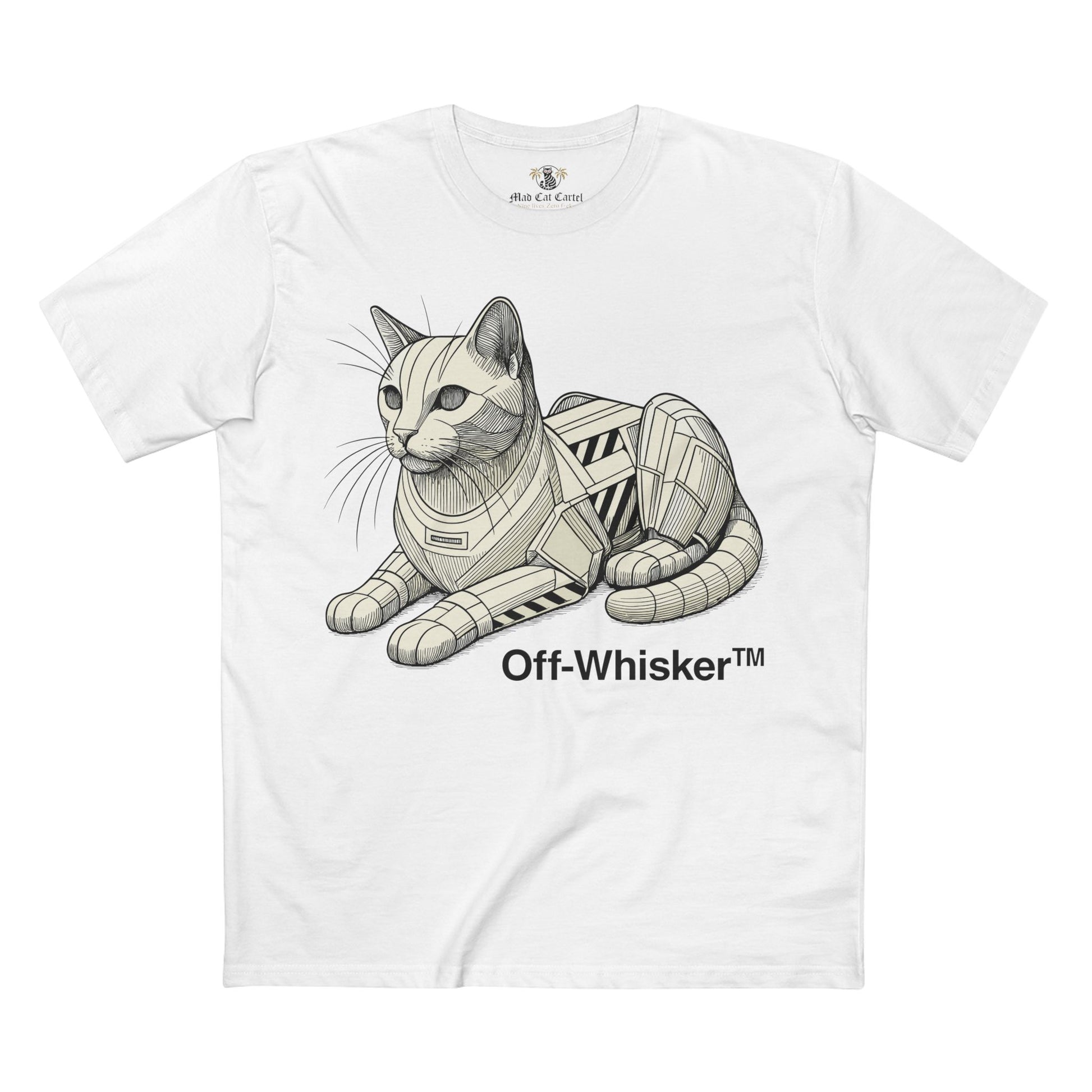 White Off-Whisker Mecha Cat Unit graphic tee – men's cat shirt, unique gifts for cat lovers