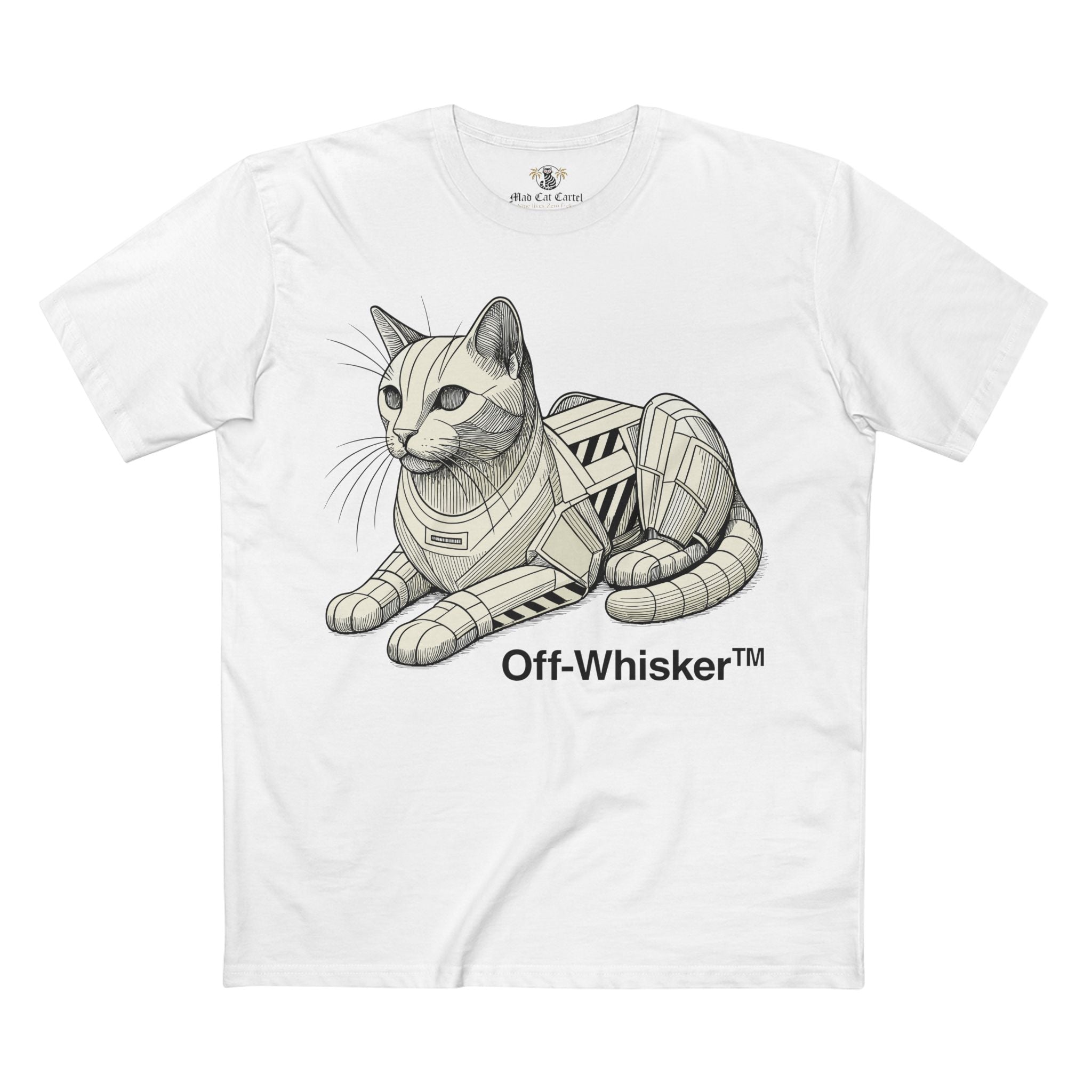 White Off-Whisker Mecha Cat Unit graphic tee – men's cat shirt, unique gifts for cat lovers