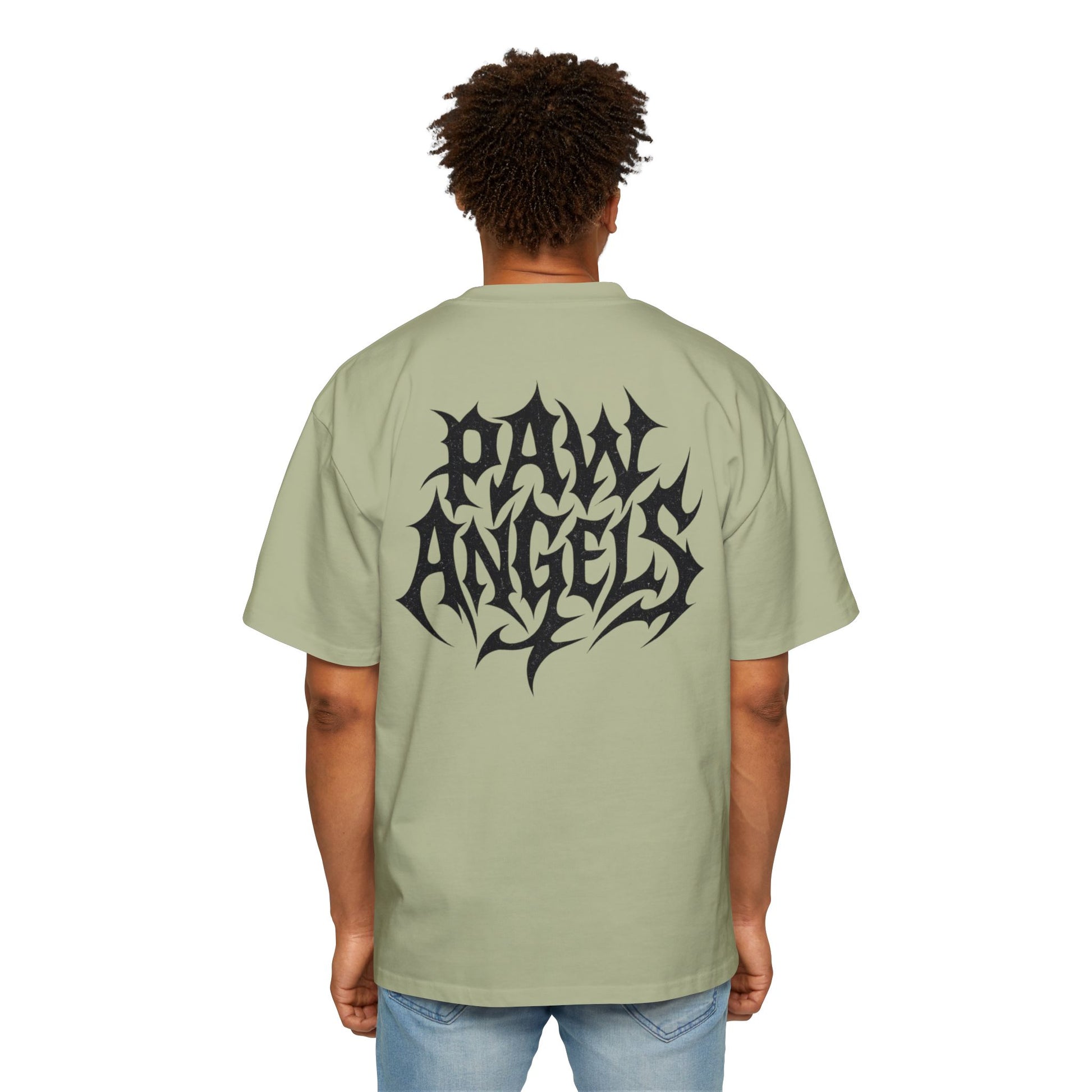 Male model back view wearing Paw Angels Hellcat pistachio green men's oversized cat t-shirt – cat lover t shirt