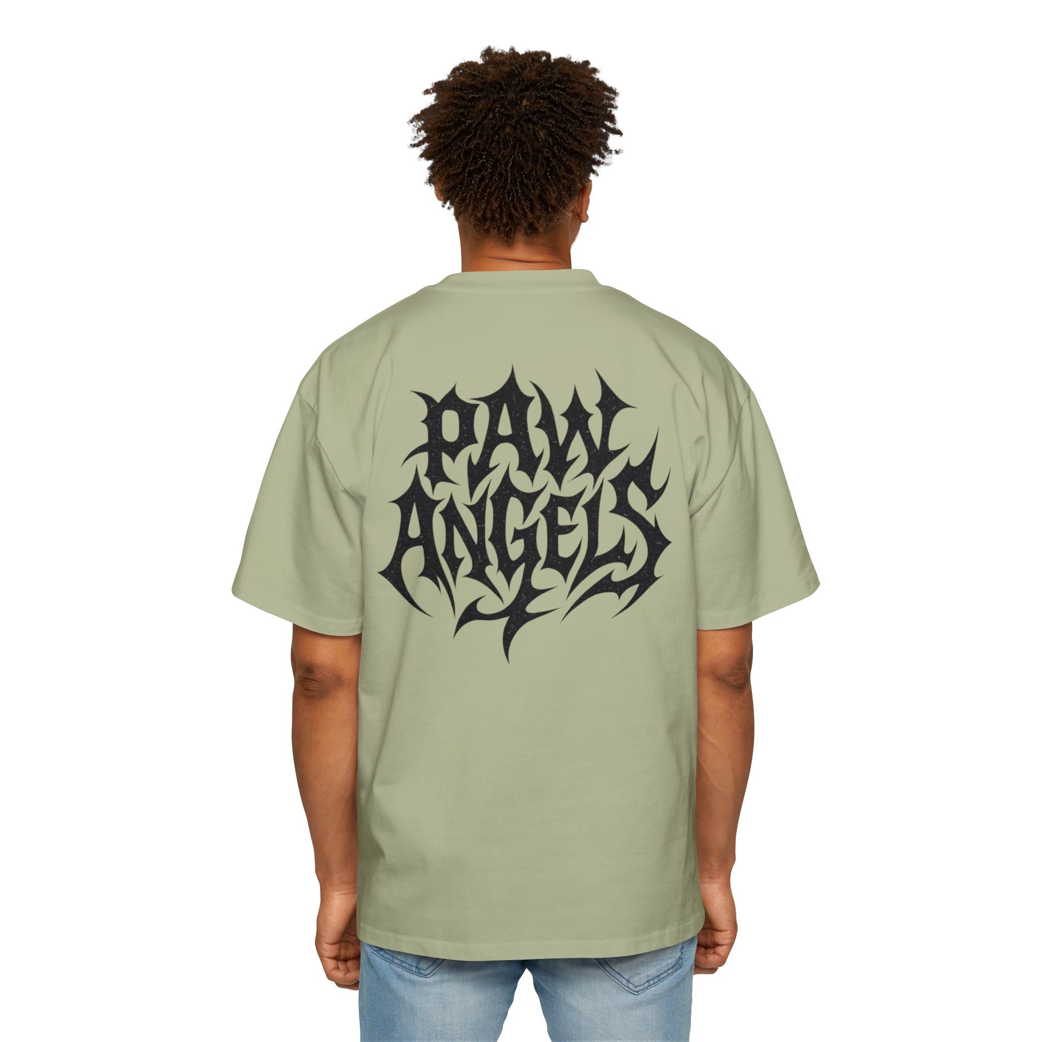 Male model back view wearing Paw Angels Hellcat pistachio green men's oversized cat t-shirt – cat lover t shirt
