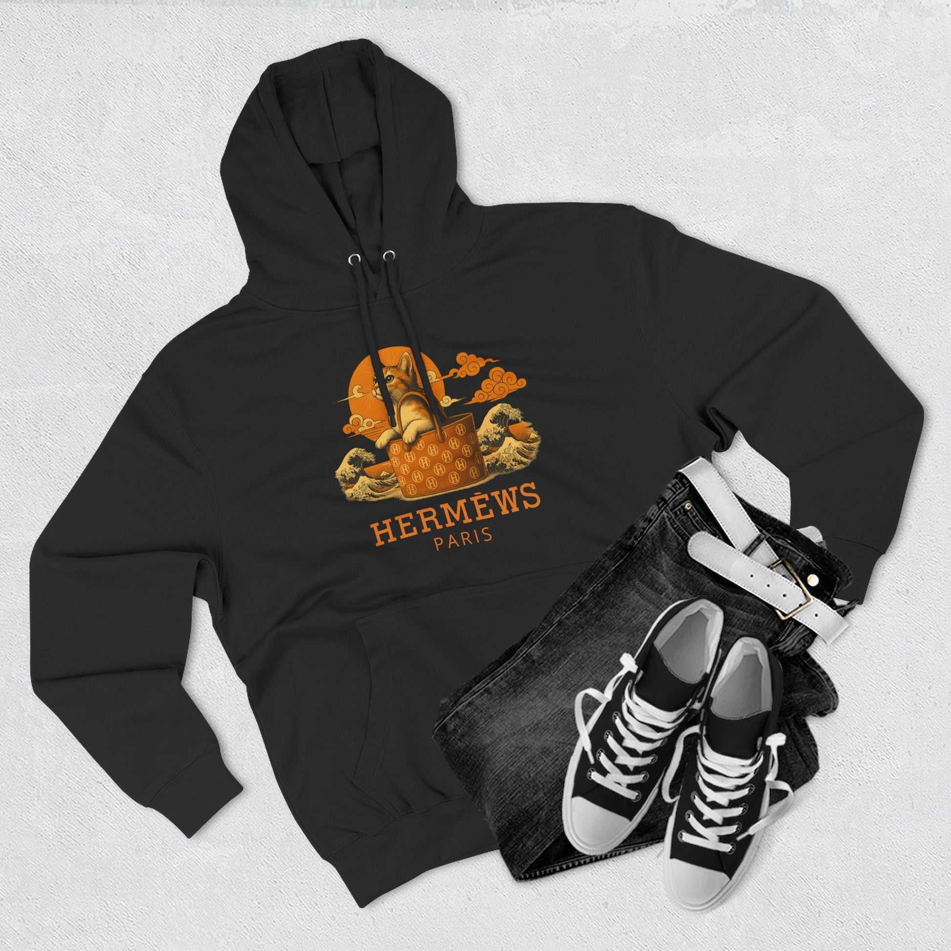 Flat lay of Hermèws black hoodie with sneakers, stylish mens hoodie for cat lovers