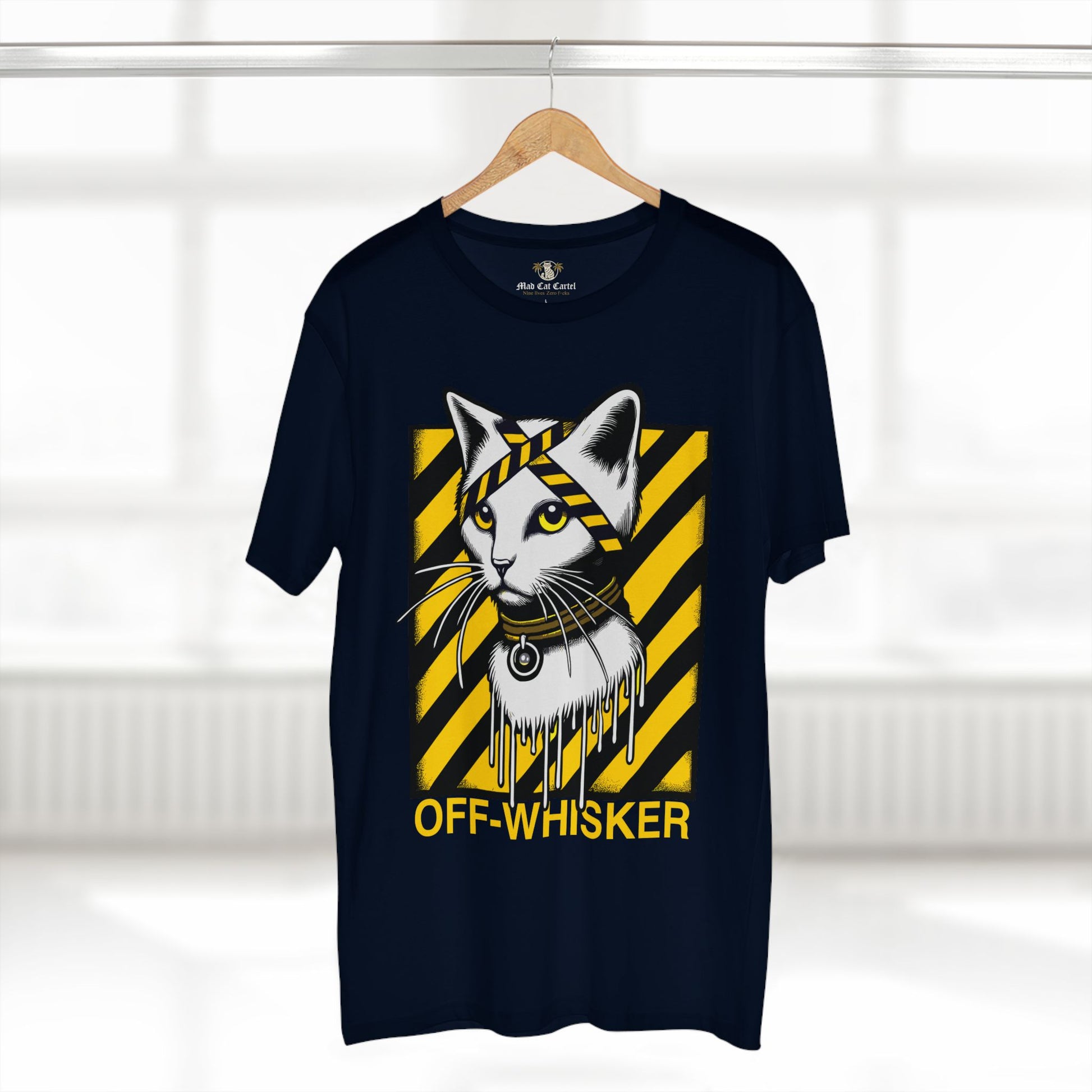 Off-Whisker Industrial Drip Cat Graphic T-Shirt in Navy on hanger – Unisex cat graphic tee for cat lovers, navy cat print shirt with industrial stripe design, ideal cat lovers gift