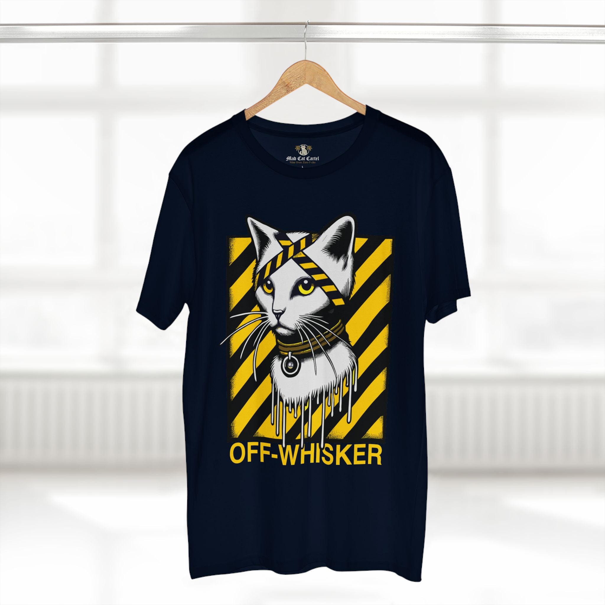 Off-Whisker Industrial Drip Cat Graphic T-Shirt in Navy on hanger – Unisex cat graphic tee for cat lovers, navy cat print shirt with industrial stripe design, ideal cat lovers gift
