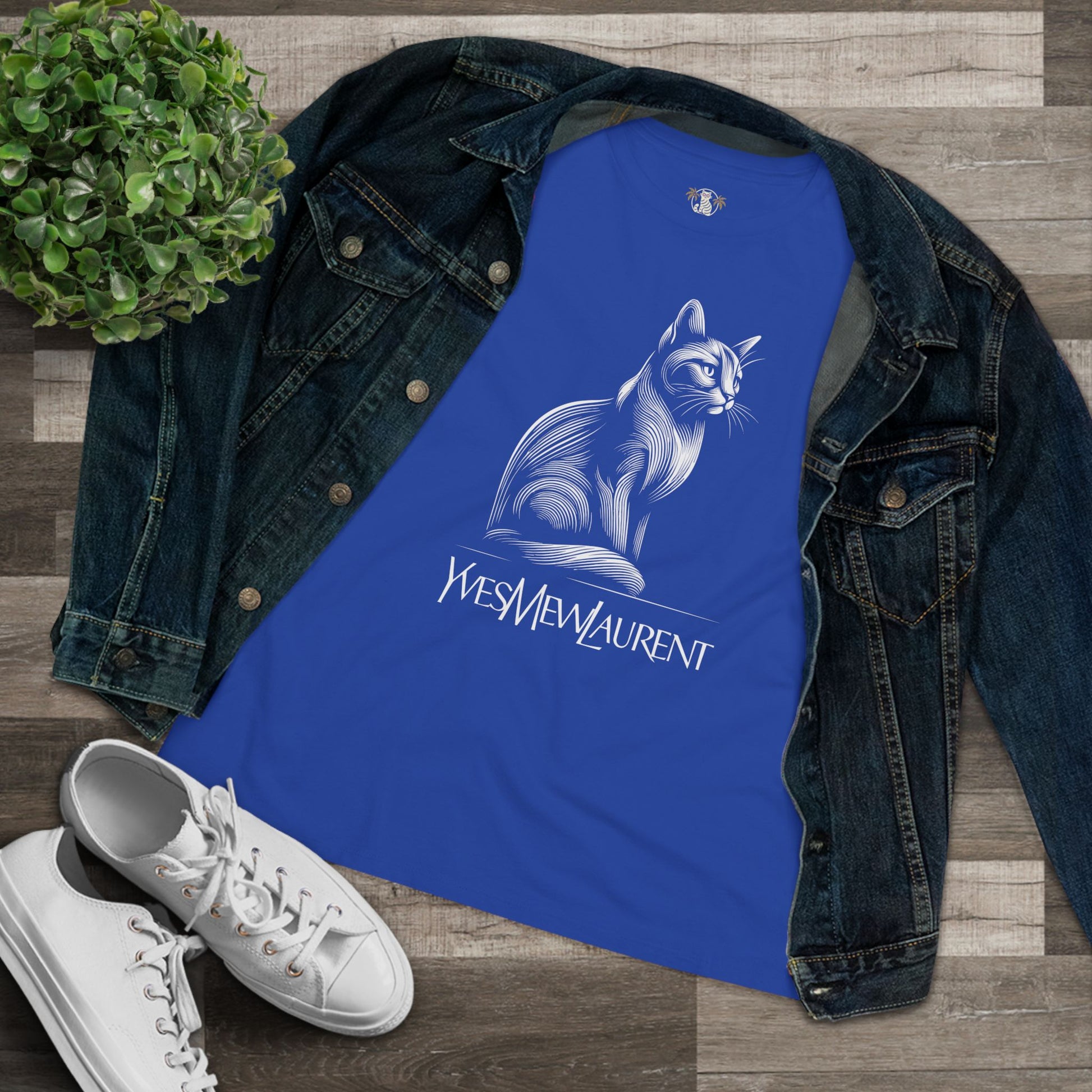 Yves Mew Laurent royal blue folded women's t shirt with cat print, cotton cat themed apparel