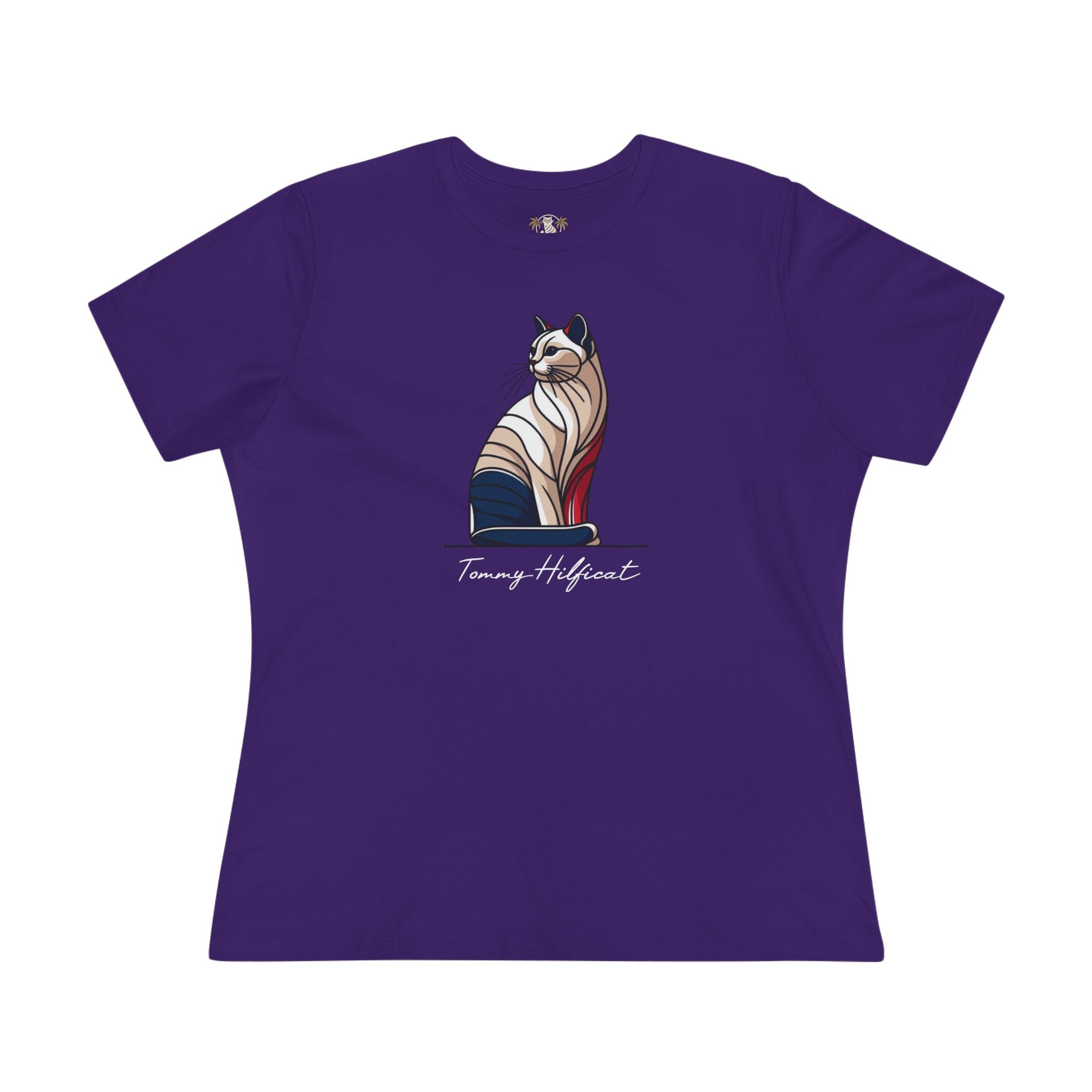 front view Tommy Hilficat Sitting Icon T Shirt in Team Purple, cat lady tee
