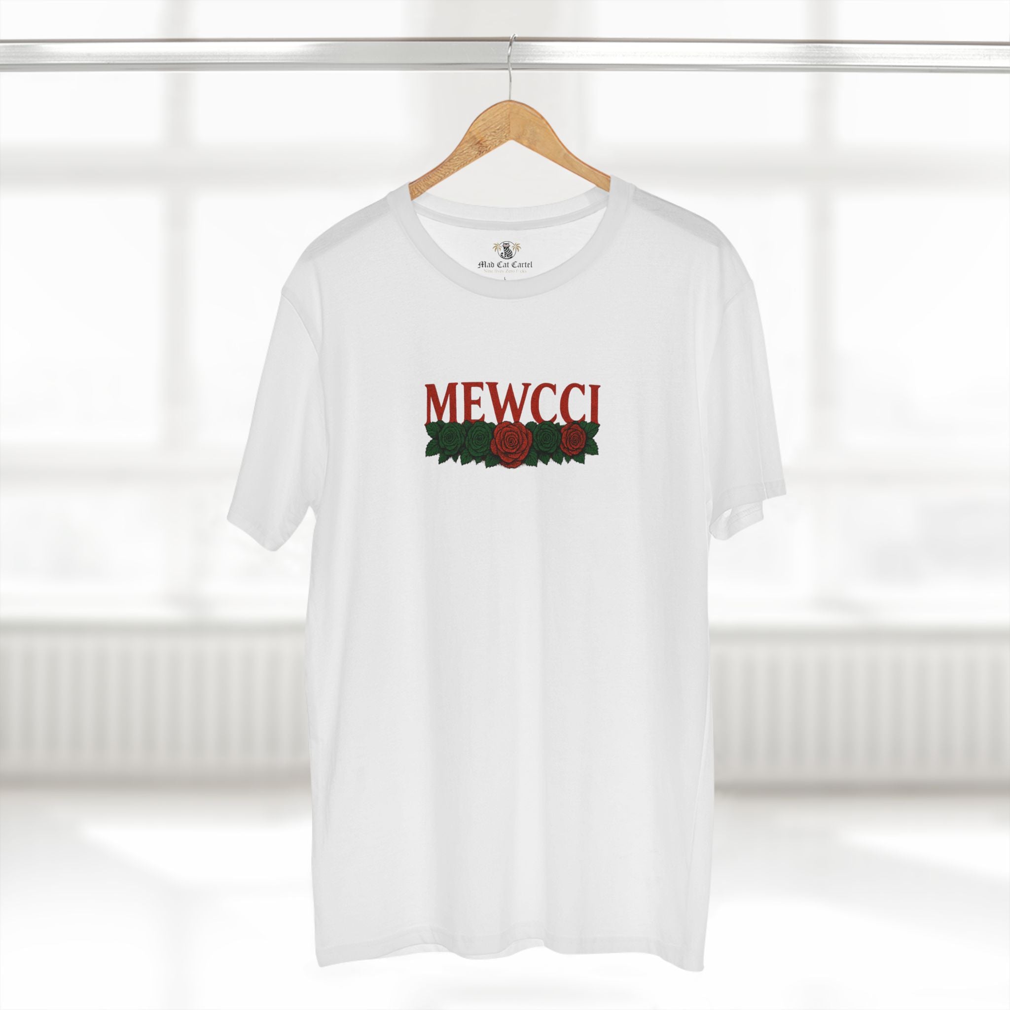 Mewcci Floral Vision Cat Graphic T Shirt on hanger in White – cat themed shirt, cat graphic tee, items for cat lovers, flower graphic shirt