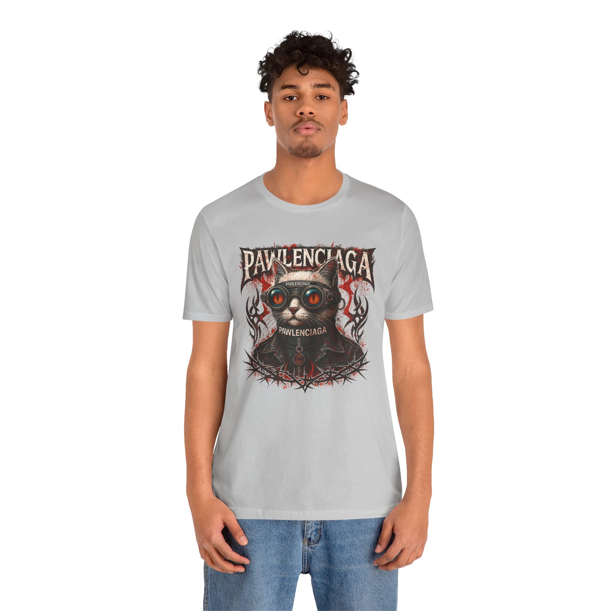 Male model wearing Pawlenciaga Apocalypse Cat Graphic T Shirt in Solid Athletic Grey, front view, cat themed shirts, cool mens t shirts, shirts for cat lovers