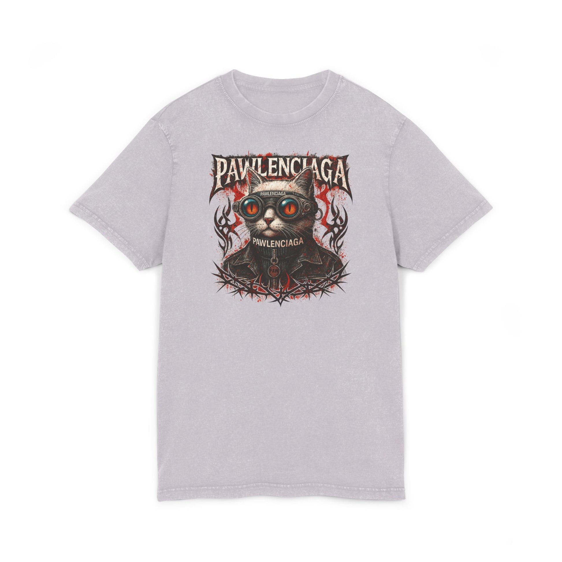 Pawlenciaga Apocalypse Cat Graphic Acid Washed T-Shirt, lilac color front view, cat print clothing