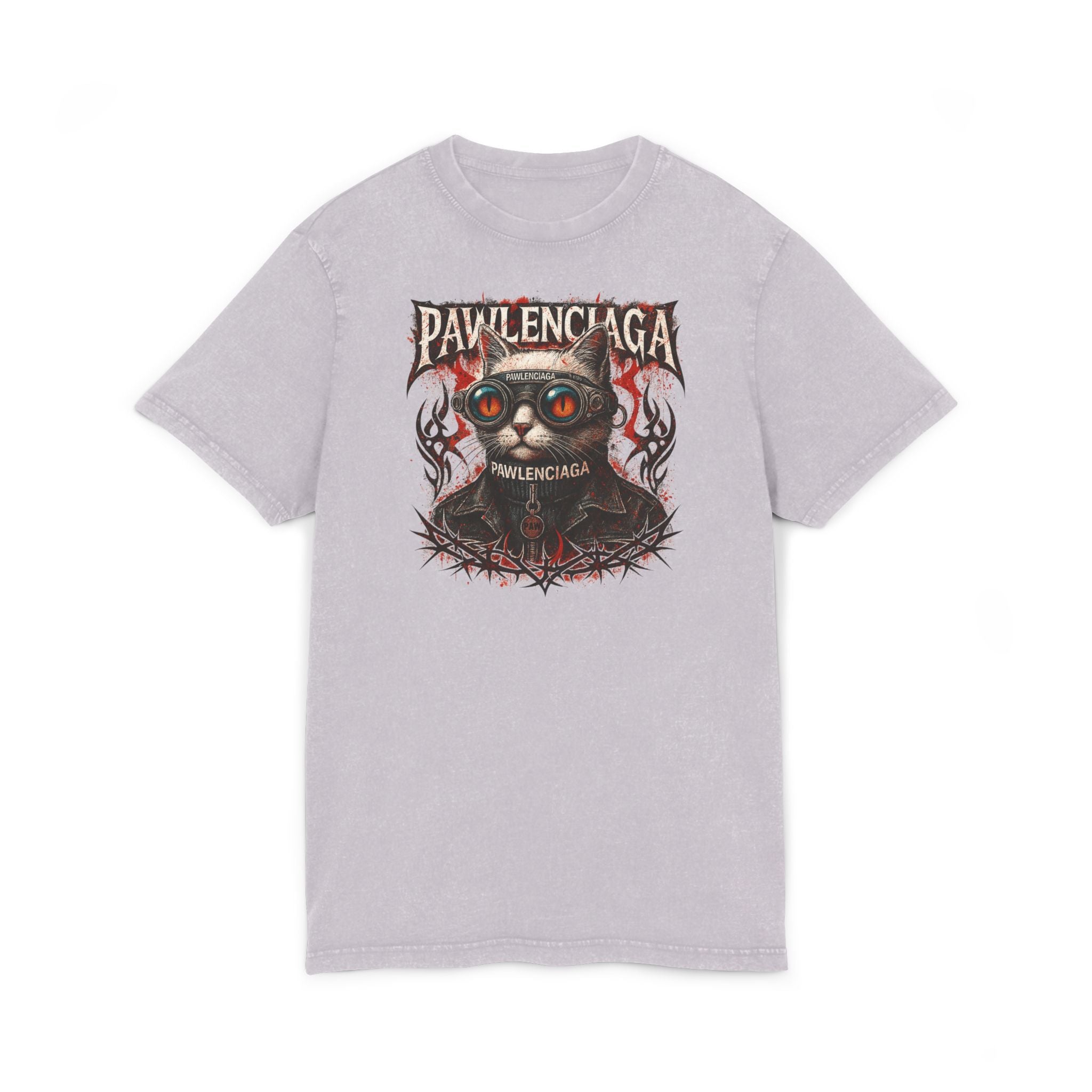 Pawlenciaga Apocalypse Cat Graphic Acid Washed T-Shirt, lilac color front view, cat print clothing