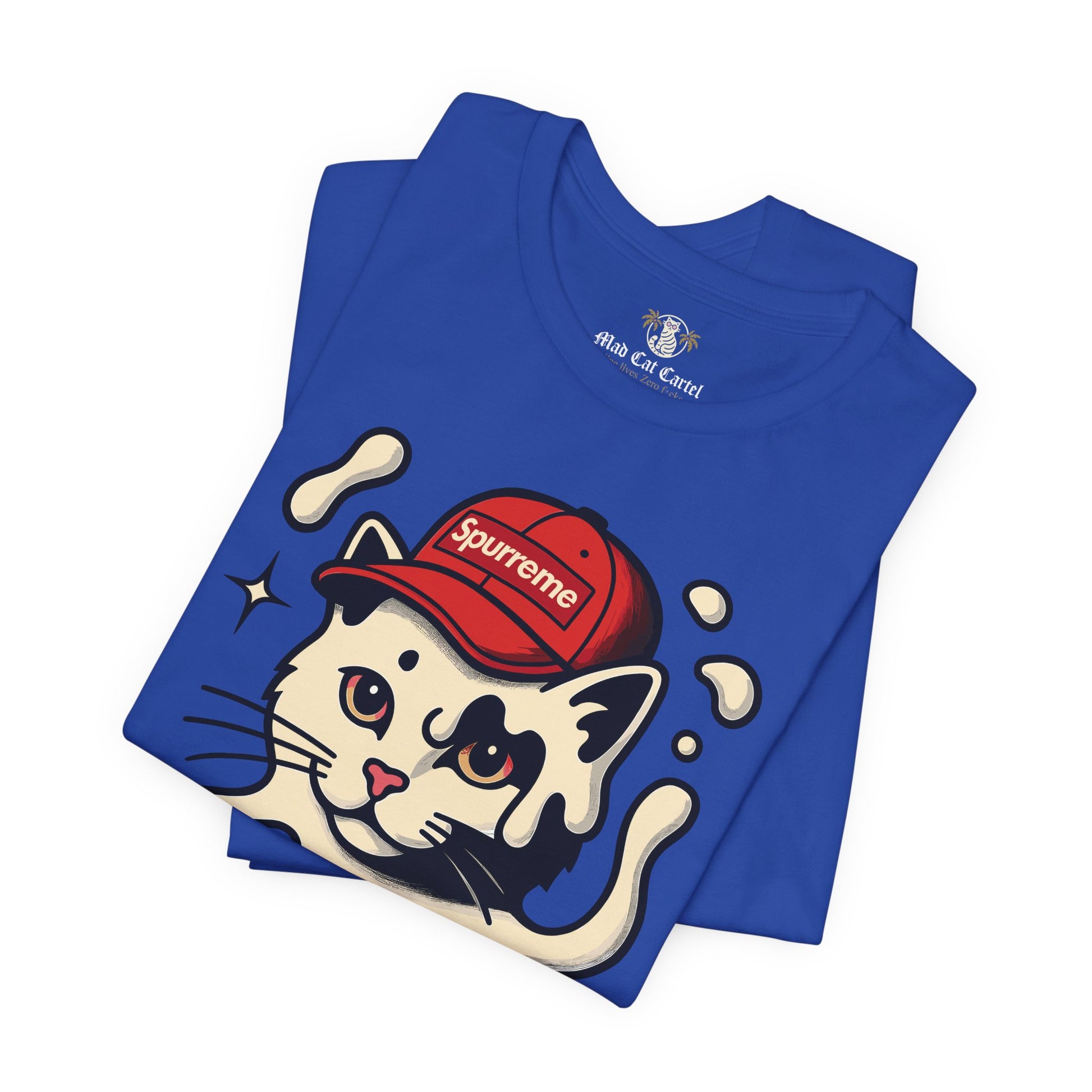 True Royal cat print tee shirt folded detail – funny cat apparel