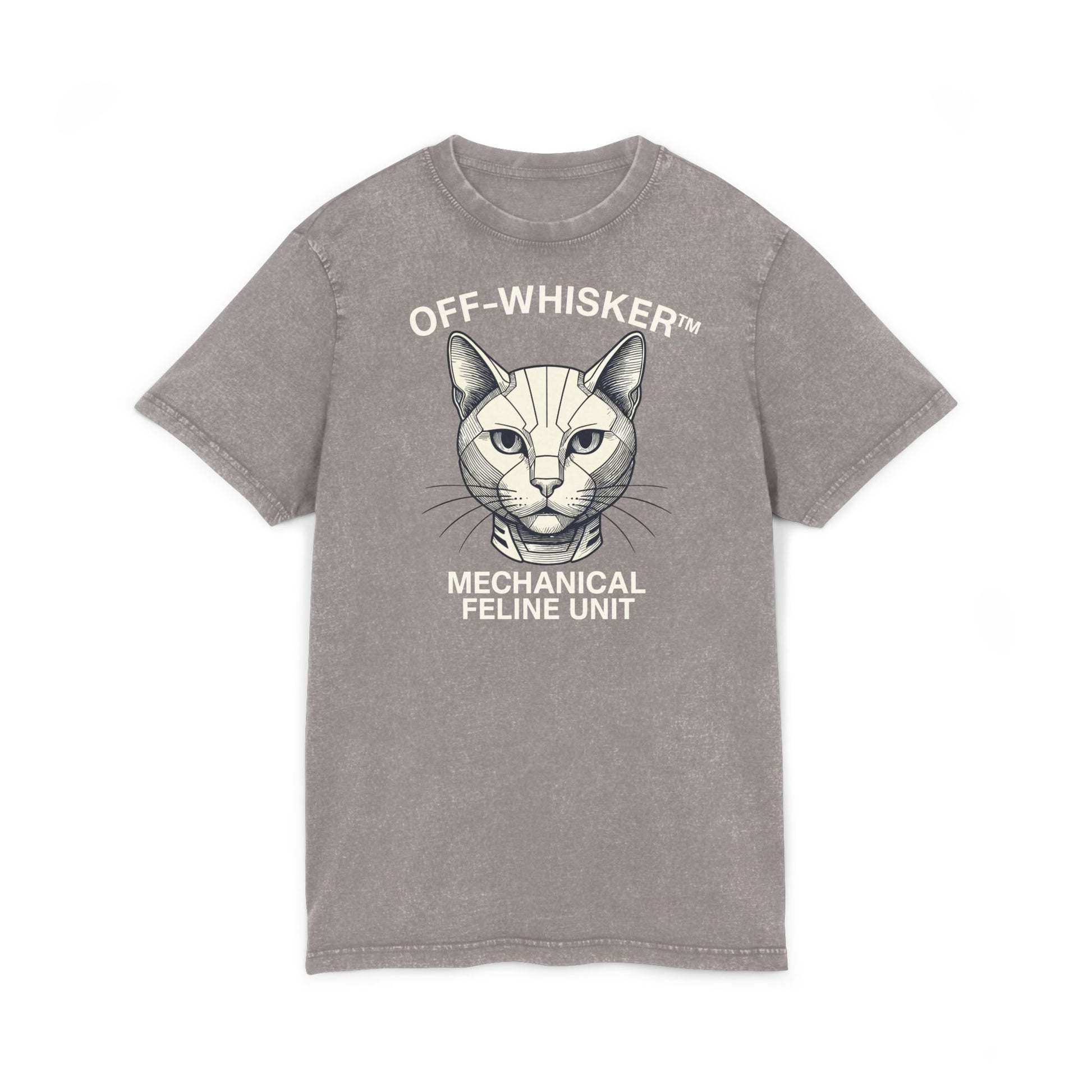 Off-Whisker Mechanical Feline Unit Cat Graphic Acid Washed T-Shirt, asphalt gray unisex front view cat lady tee shirts