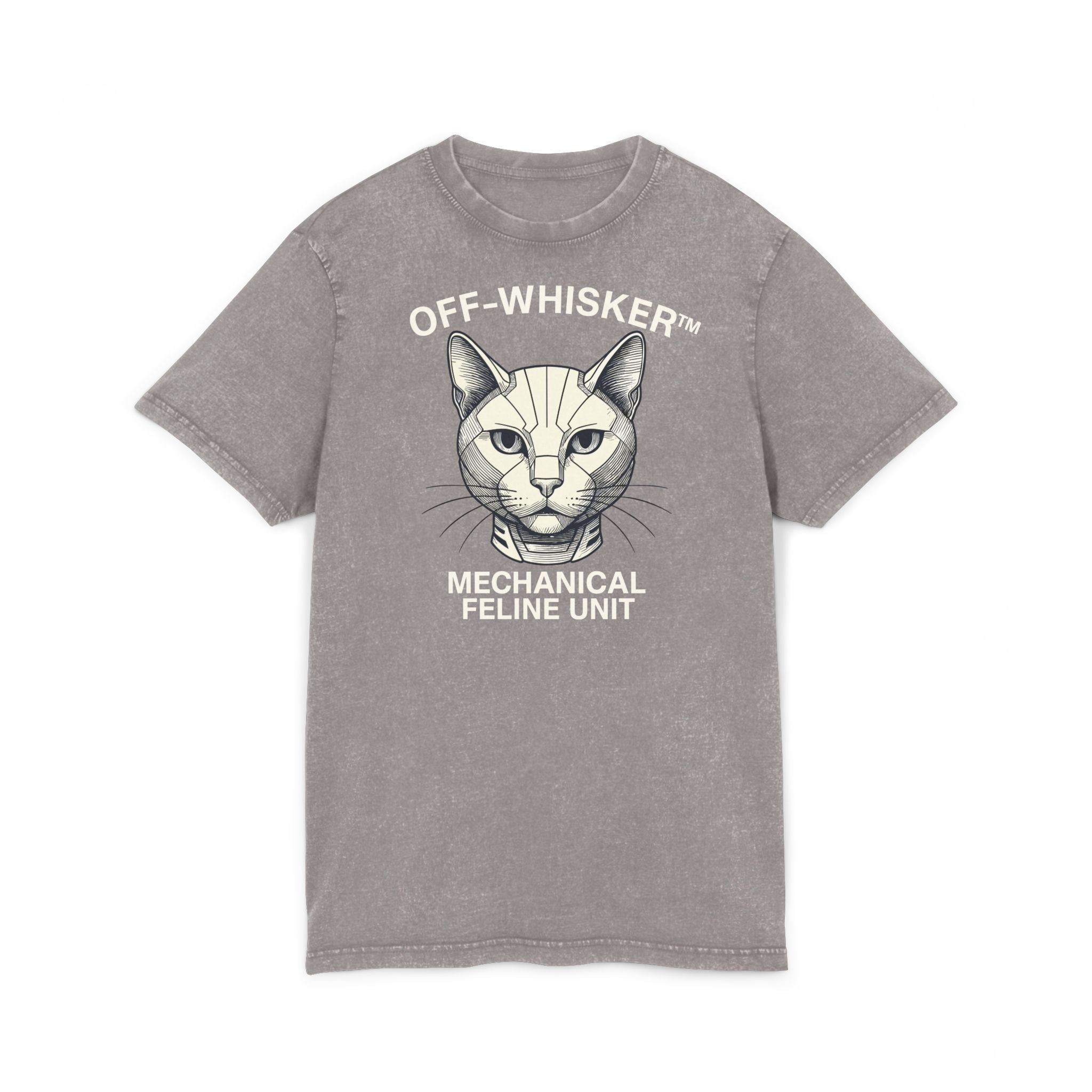 Off-Whisker Mechanical Feline Unit Cat Graphic Acid Washed T-Shirt, asphalt gray unisex front view cat lady tee shirts