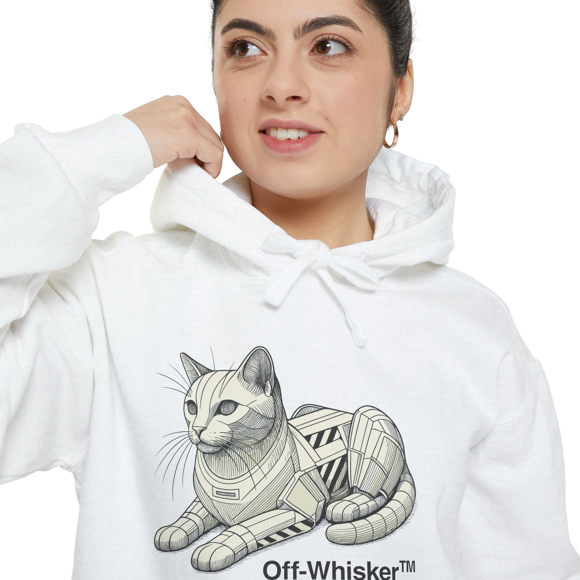 Woman close-up modeling Off-Whisker white hoodie, hoodie for cat lovers