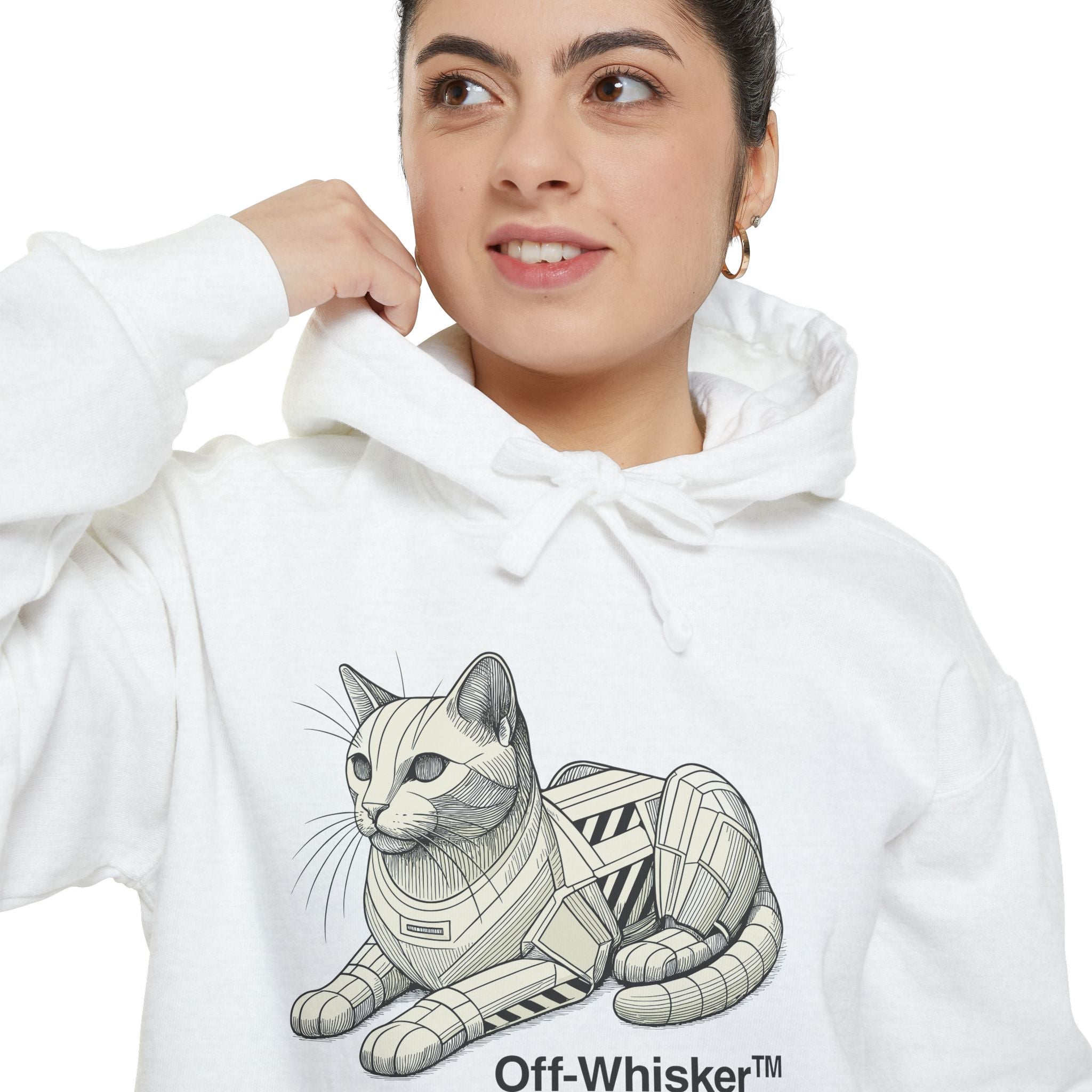 Woman close-up modeling Off-Whisker white hoodie, hoodie for cat lovers