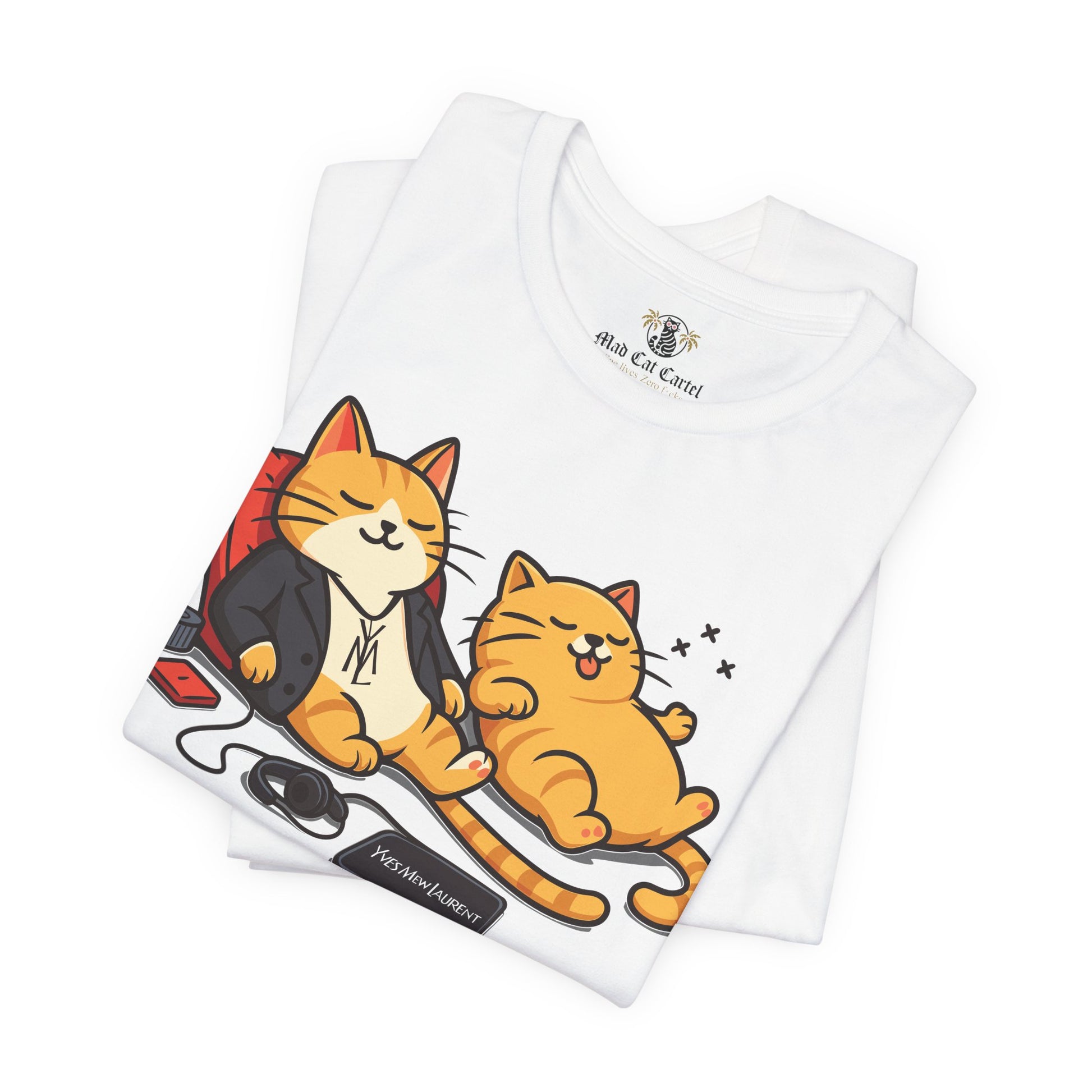 folded white chill cats t shirt, clean layout, cat themed apparel