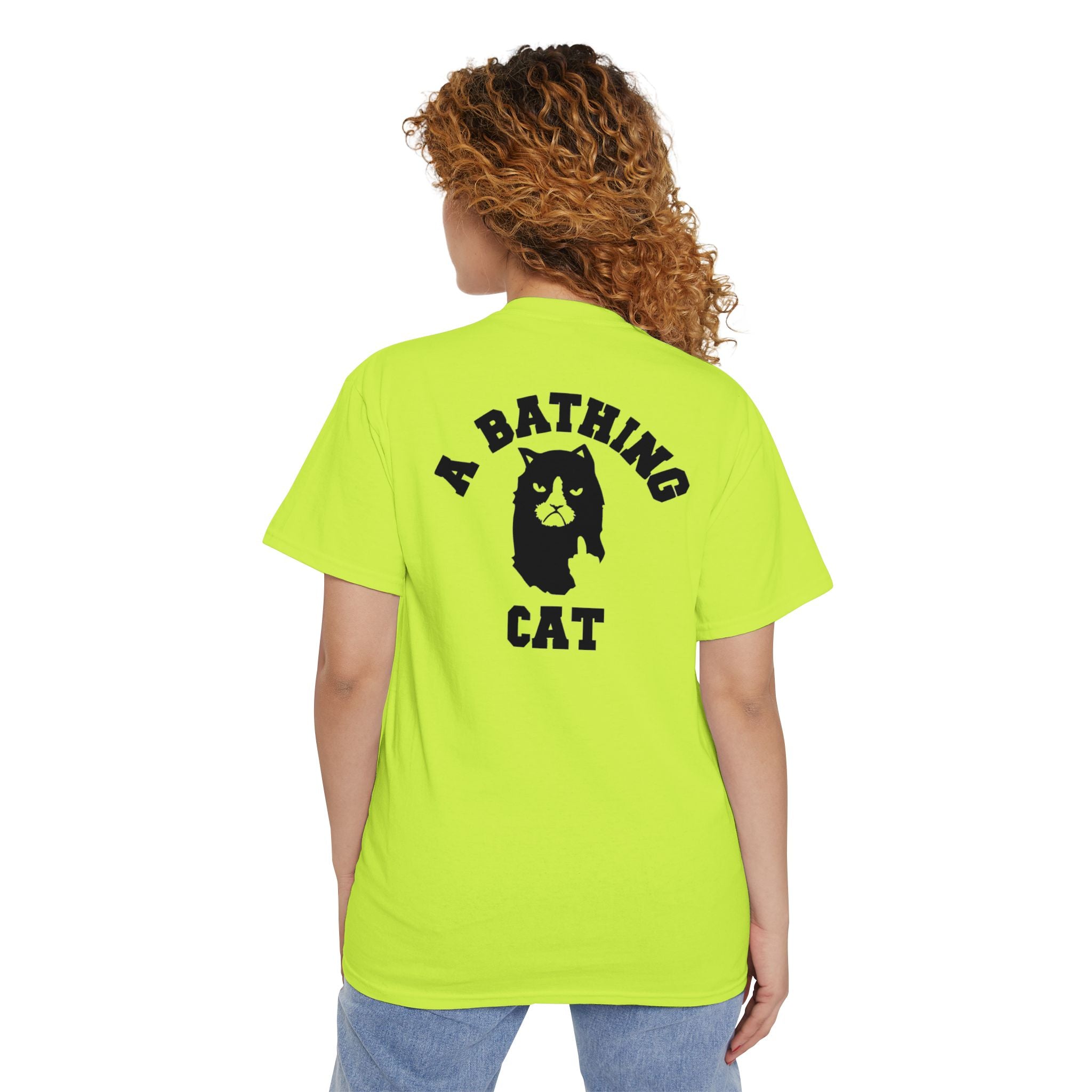 Safety Green A Bathing Cat Mini Logo Pocket Graphic T-Shirt woman model angled front view cat pocket tee shirt