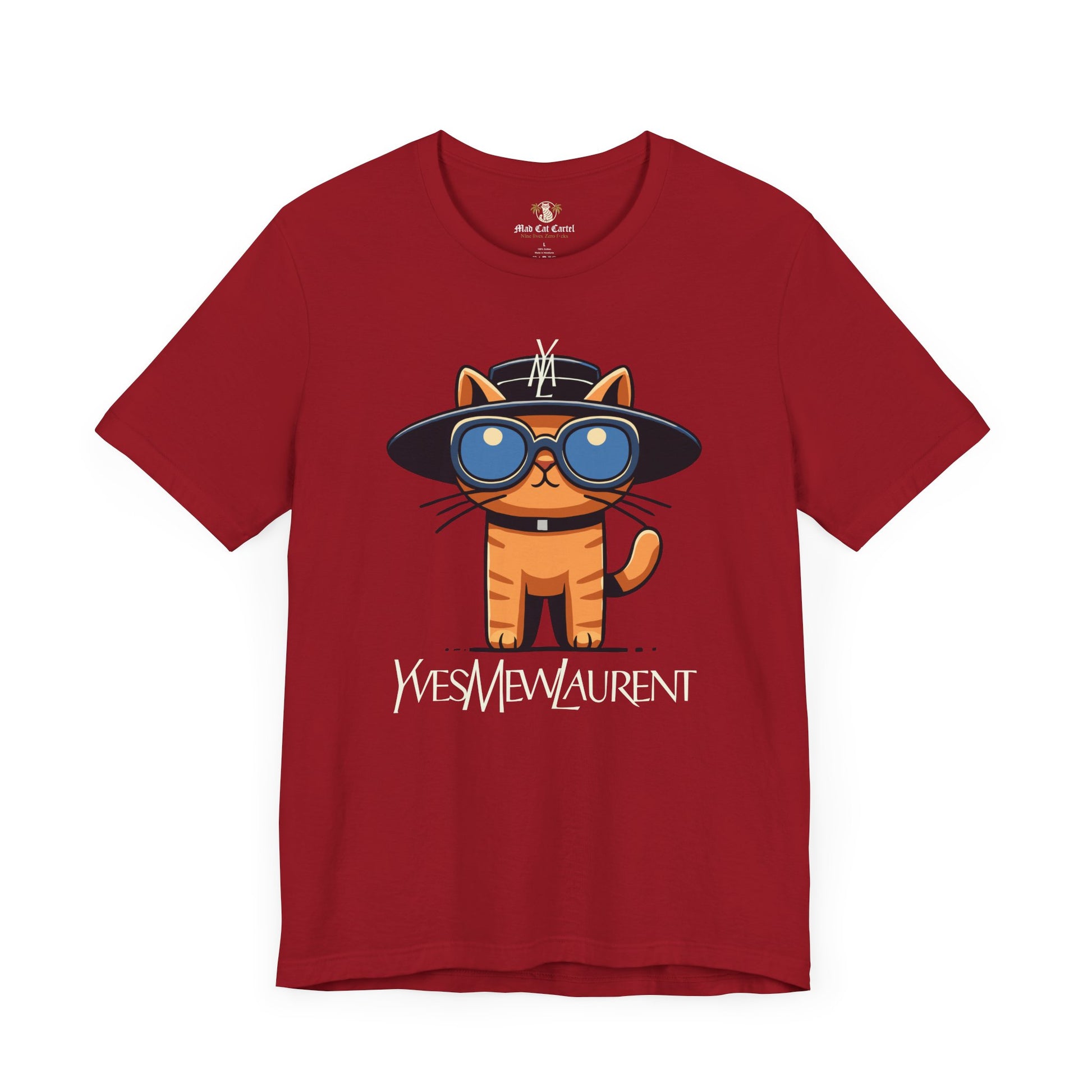 Canvas Red Yves Mew Laurent Le Chat Icon Cat Graphic T Shirt front view