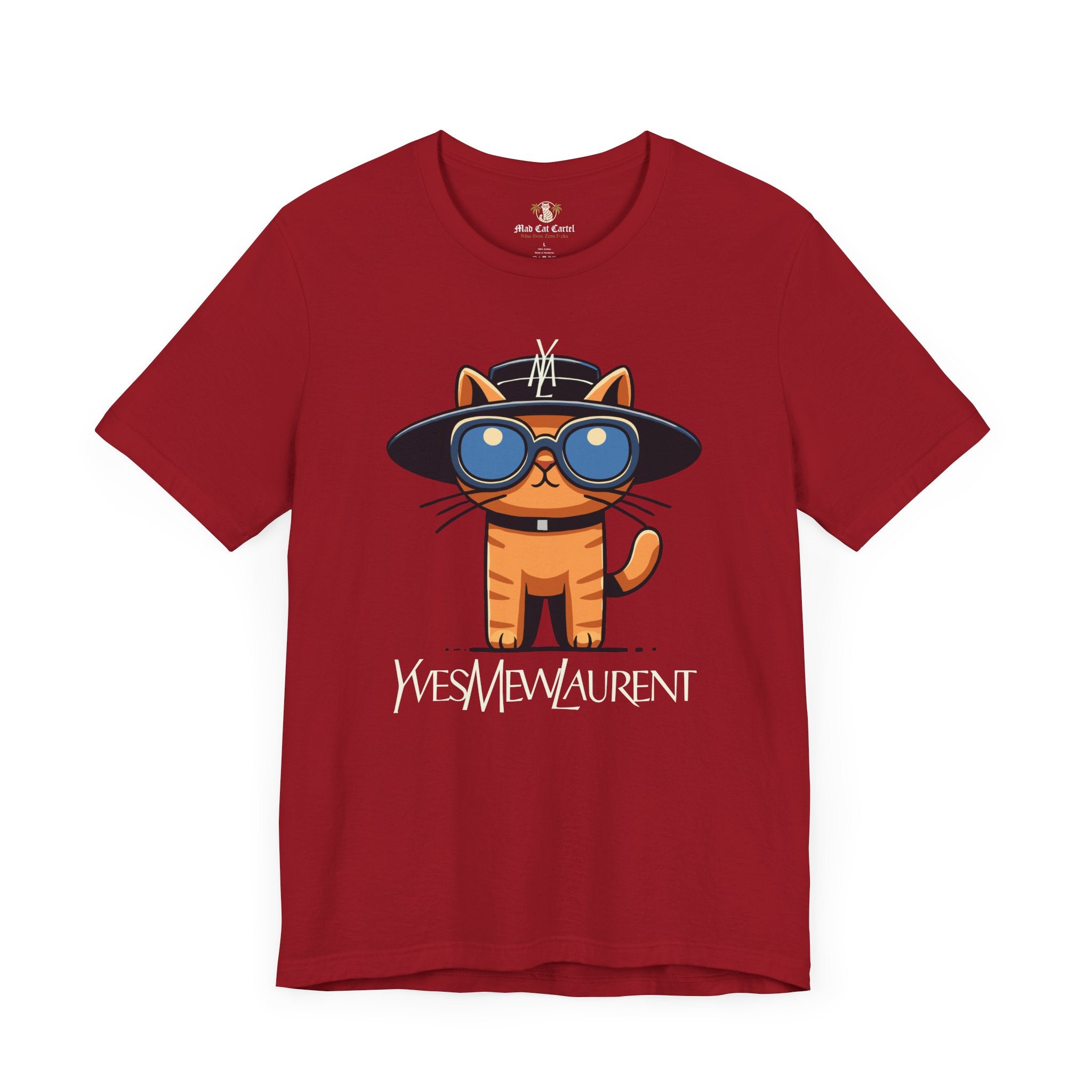 Canvas Red Yves Mew Laurent Le Chat Icon Cat Graphic T Shirt front view