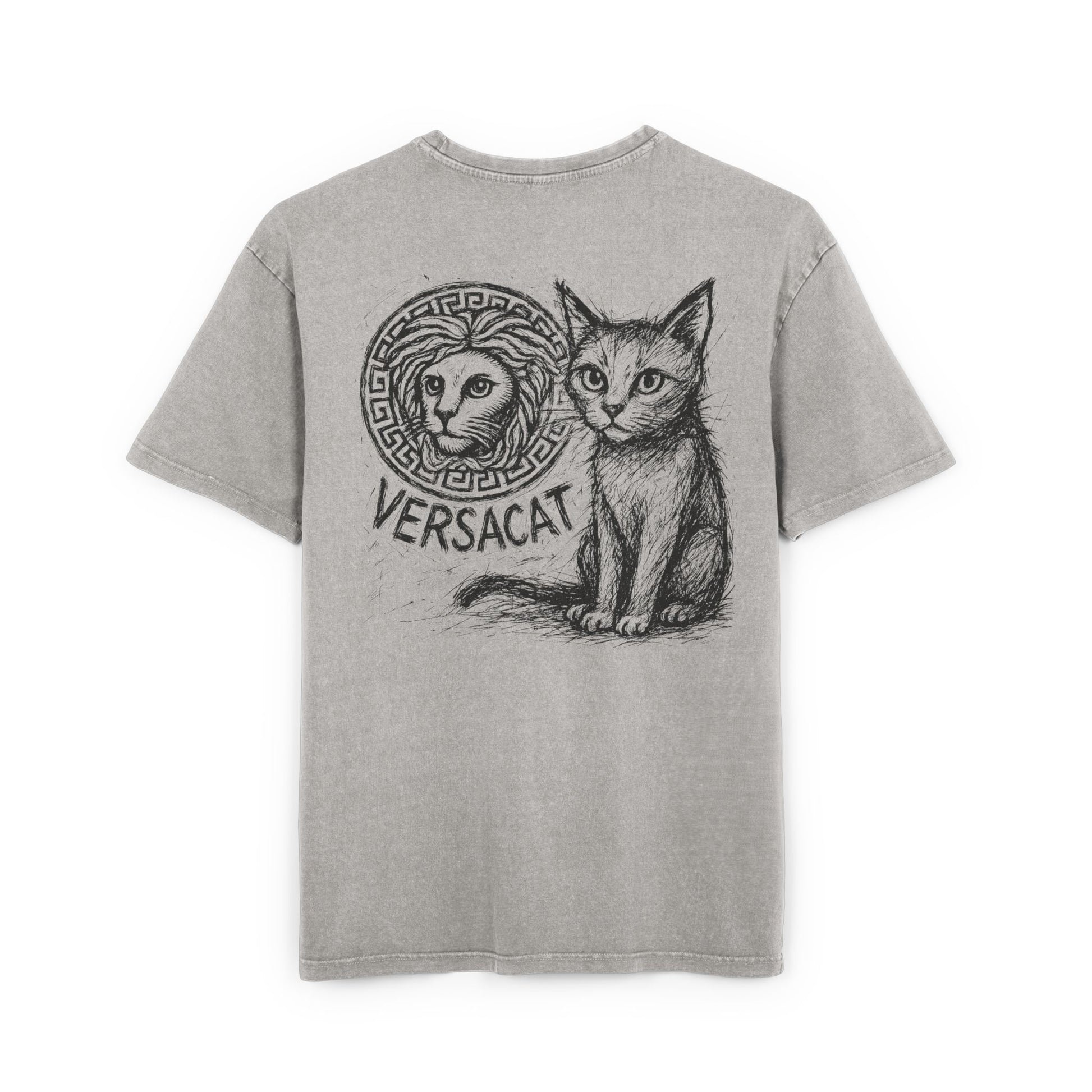 Cat shirt back view, asphalt gray oversized acid washed t-shirt with sketch design