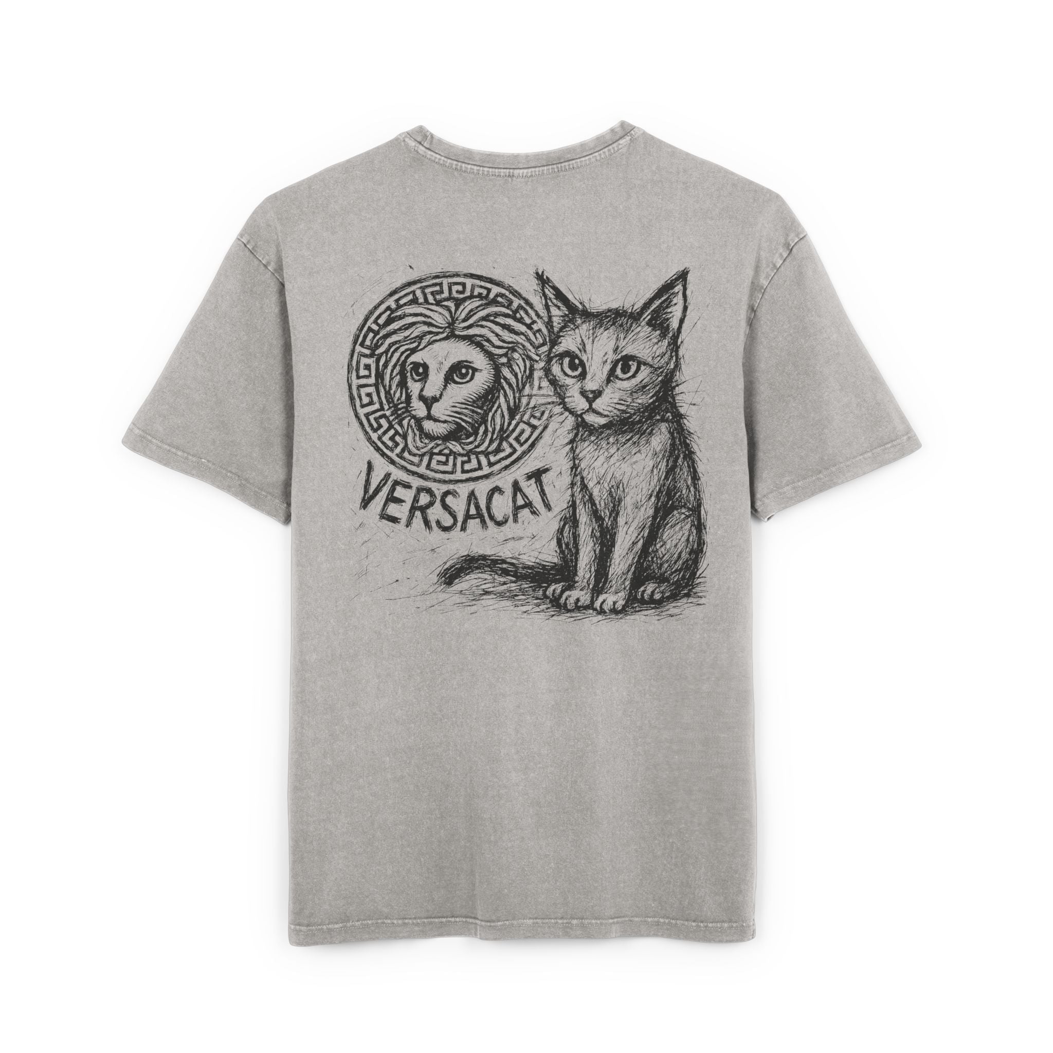 Cat shirt back view, asphalt gray oversized acid washed t-shirt with sketch design
