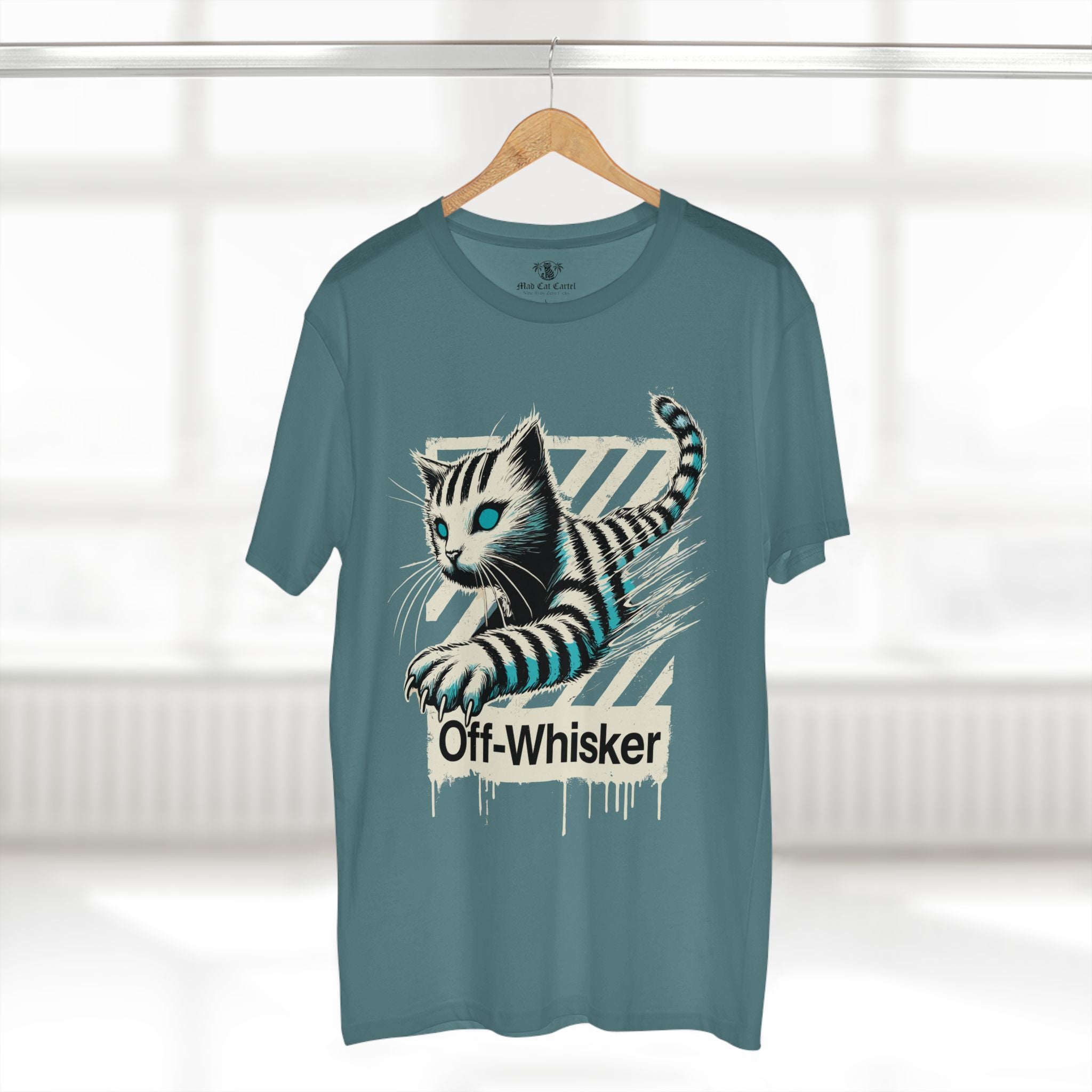 Slate blue cat t shirt on hanger – Off-Whisker Phantom Pounce unisex graphic tee for cat lovers