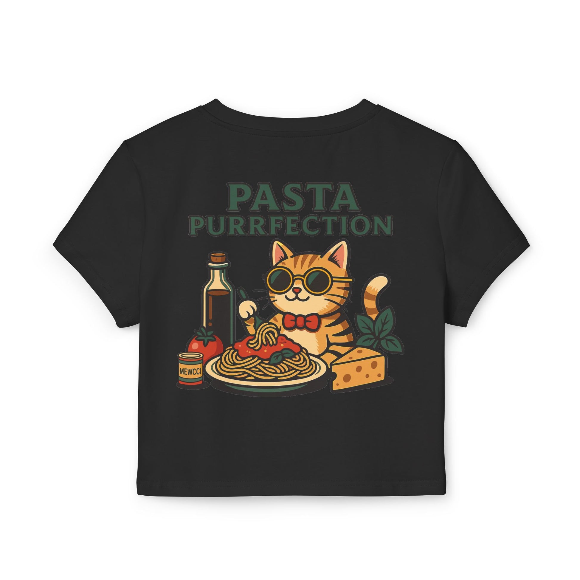 Black baby tee back view pasta purrfection graphic