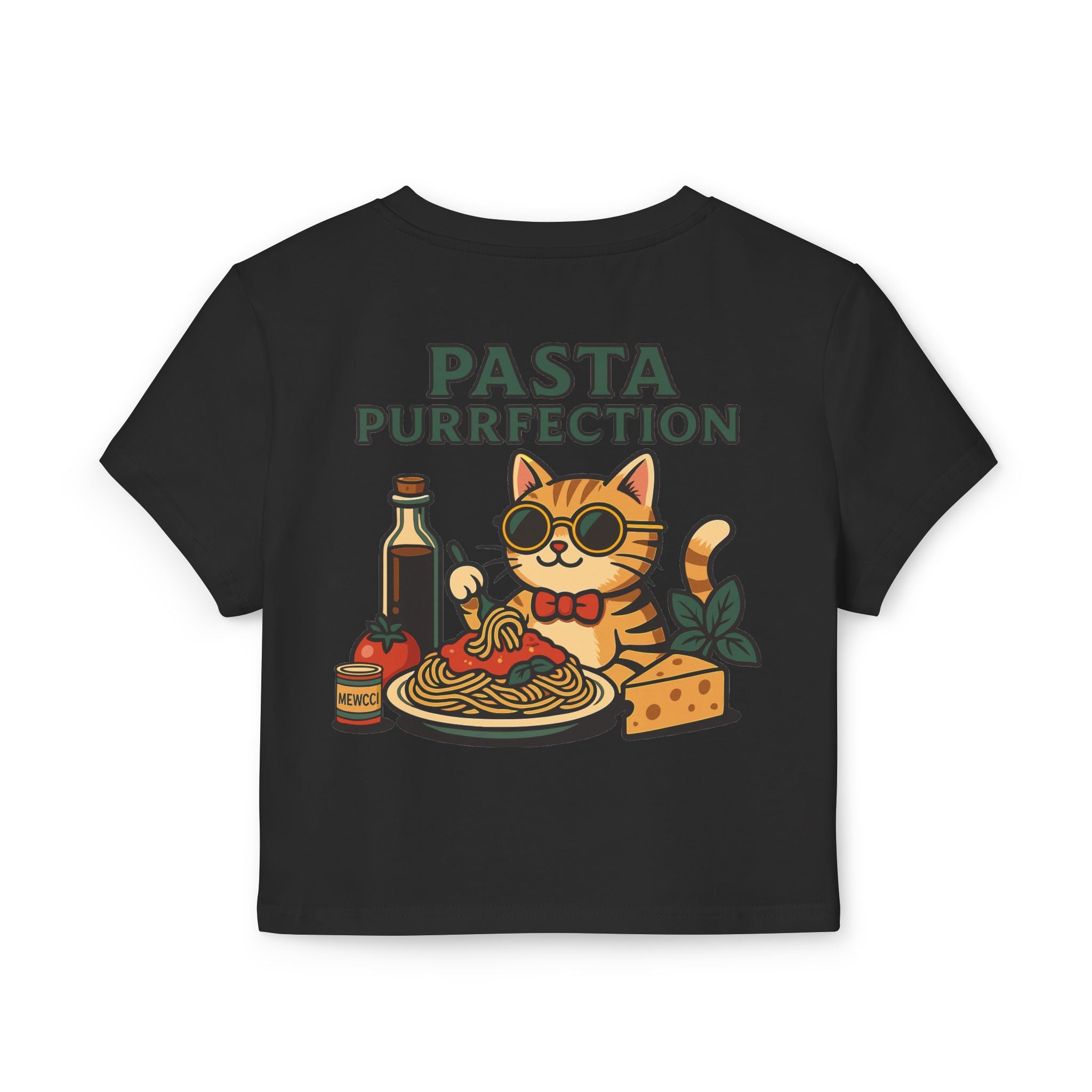 Black baby tee back view pasta purrfection graphic