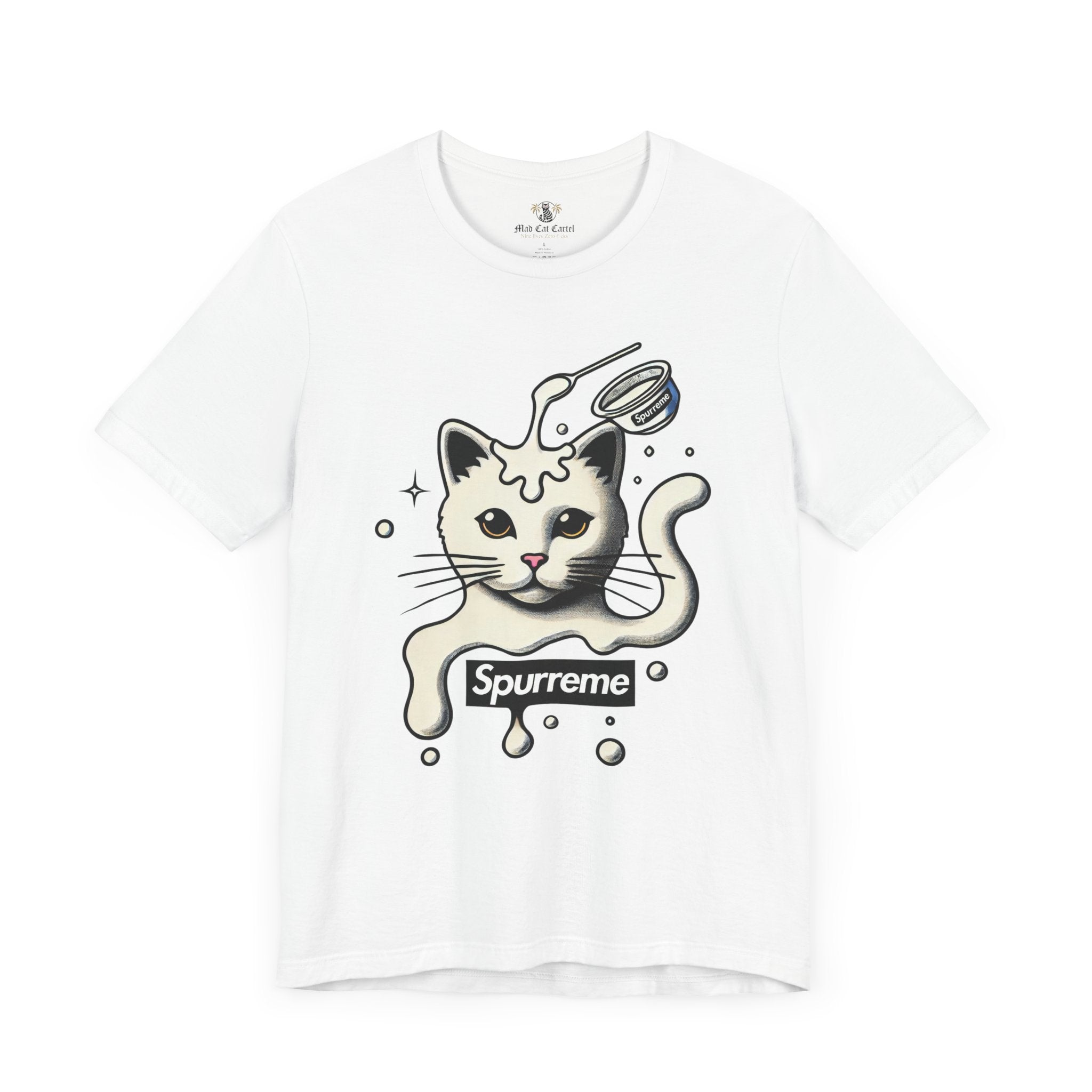 White Spurreme Milky Mischief Cat Graphic t shirt flat lay – cat print tee shirts