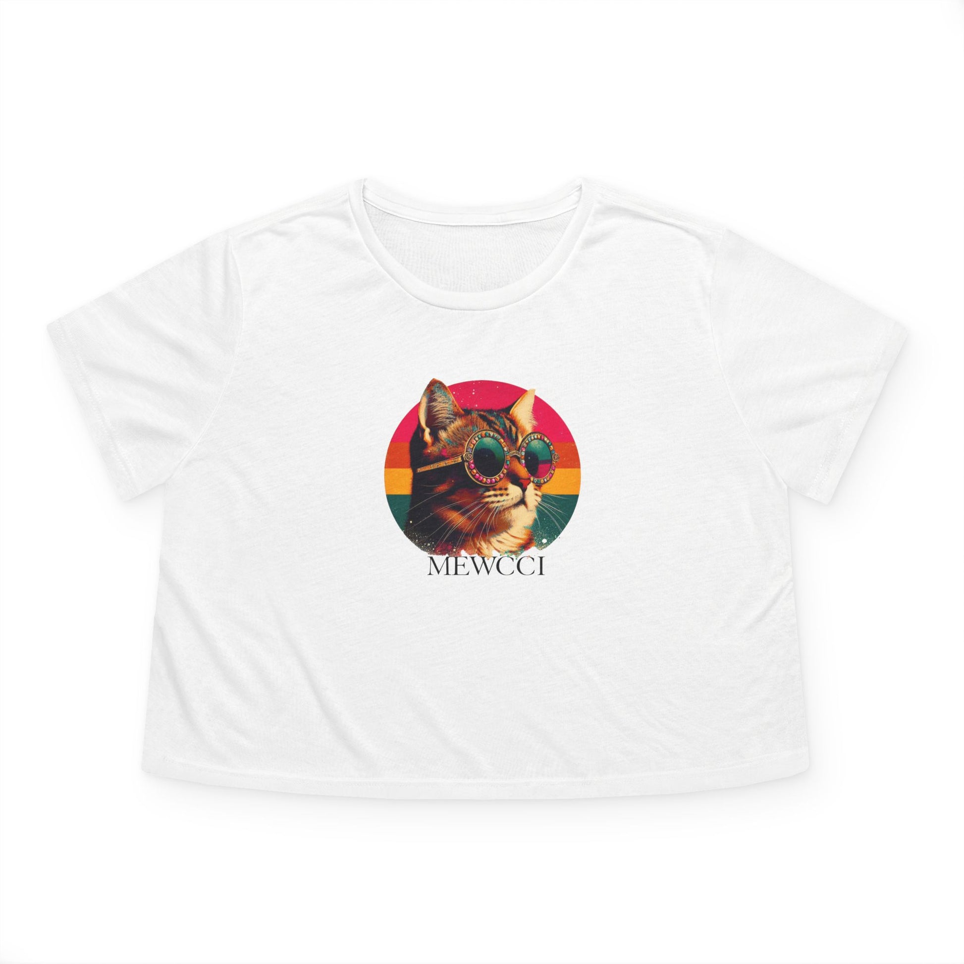 Mewcci Sunset Drip Cat Graphic Women's Cropped T-Shirt, white crop top flat front view