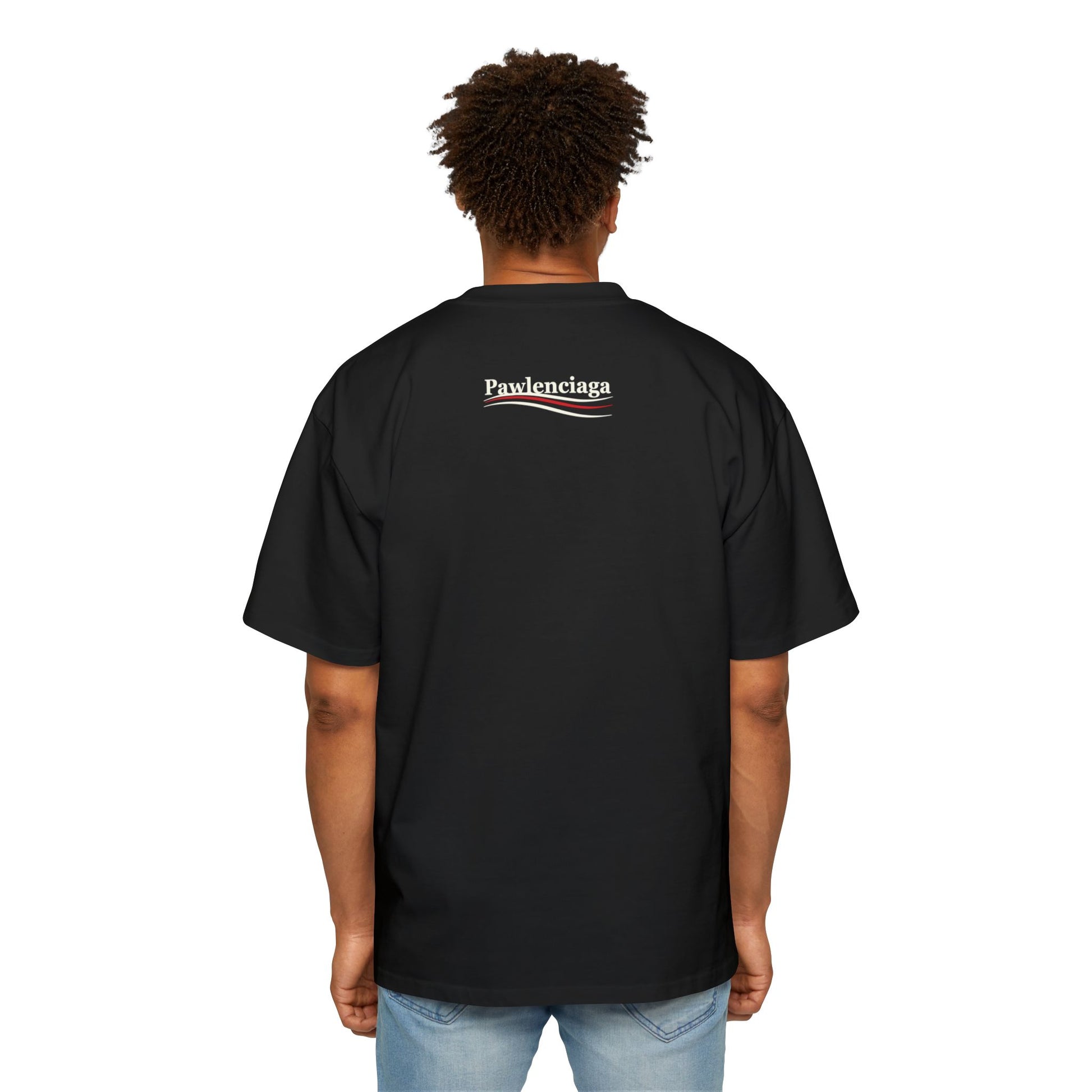 Male model wearing Pawlenciaga cat couture black oversized t shirt parody shirts mens cat tee oversized graphic t shirt cat on a shirt unique gifts for cat lovers back view