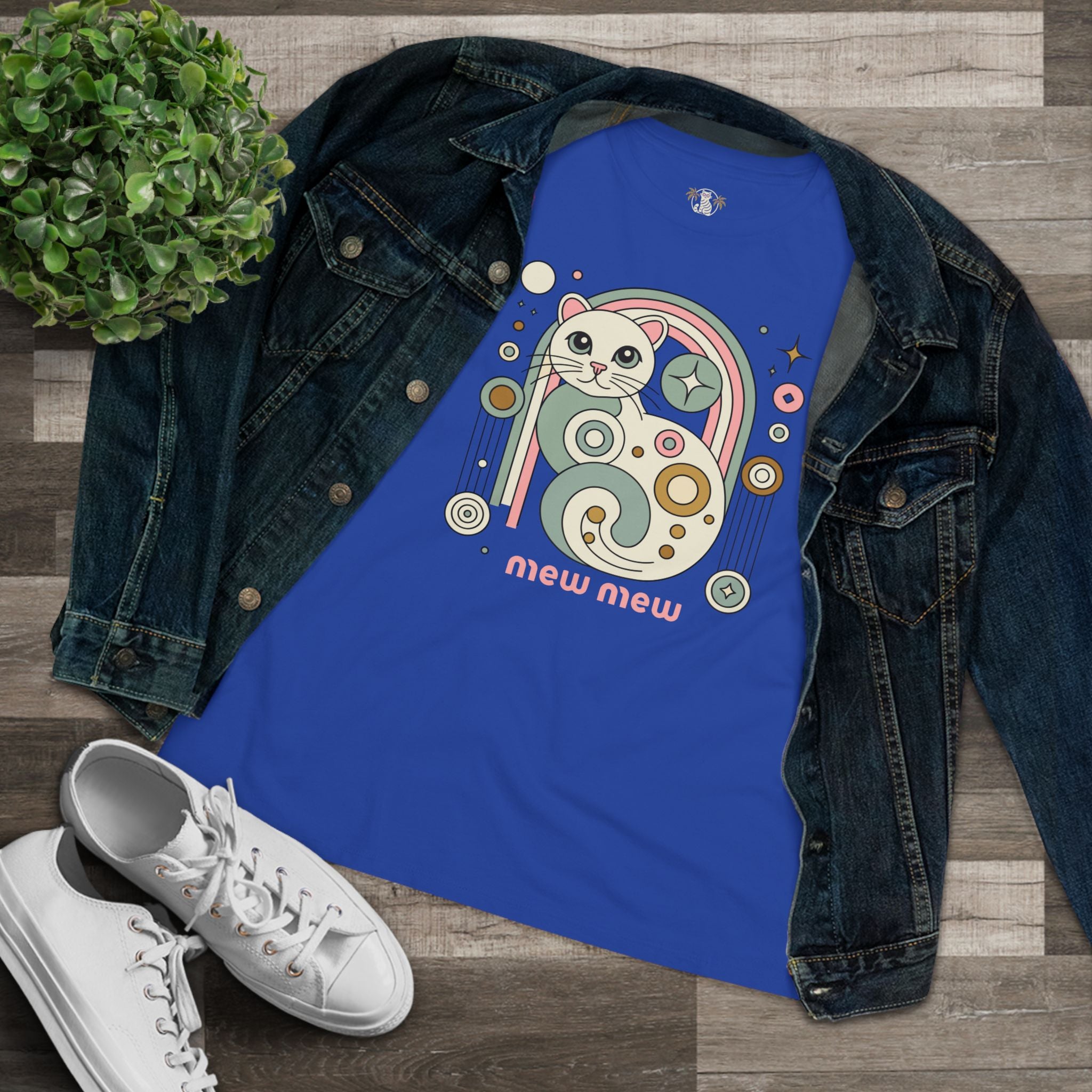 Blue t shirt flat lay with jacket cat lady shirt
