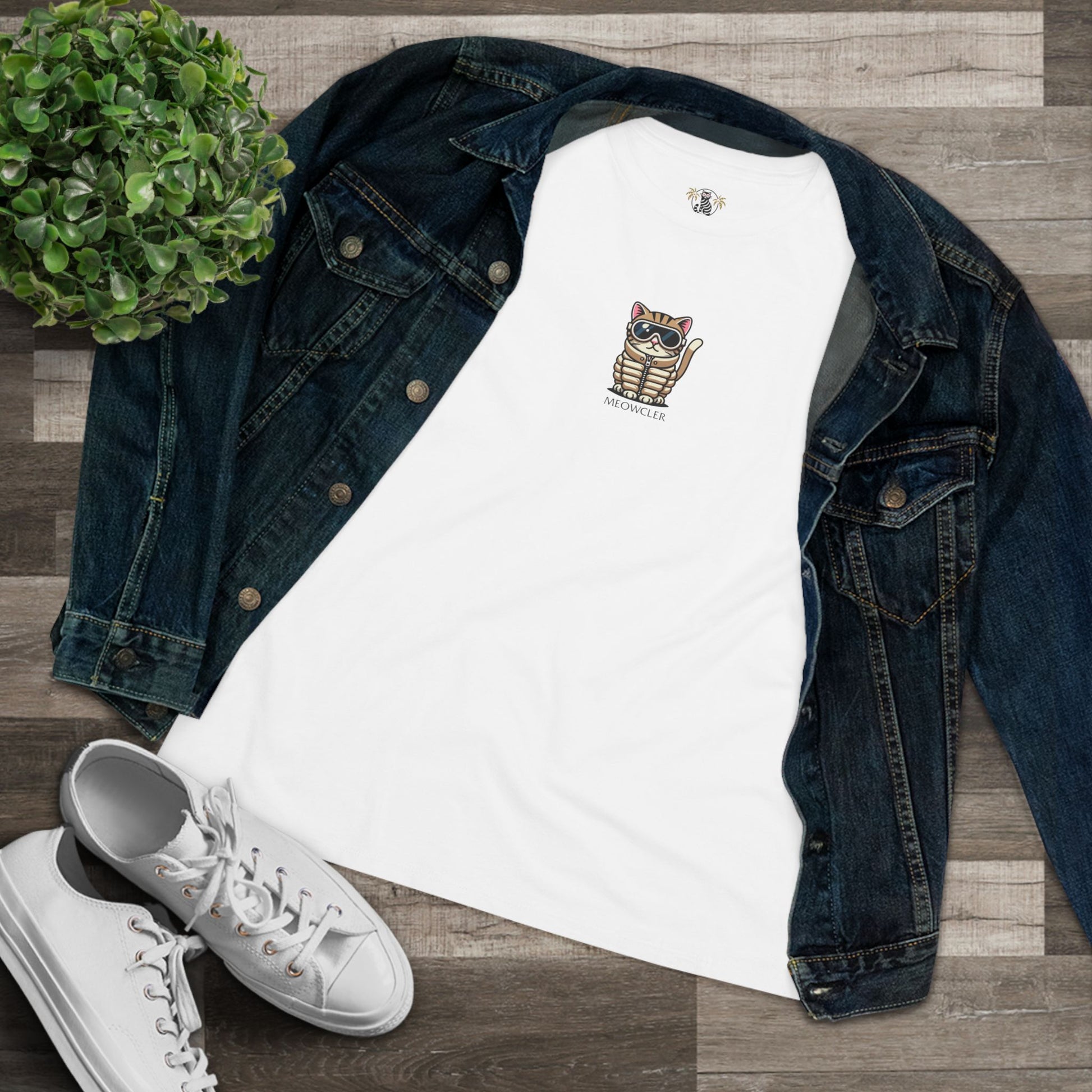 Flat lay white women’s cat tee styled with denim jacket, cute cat shirts for women