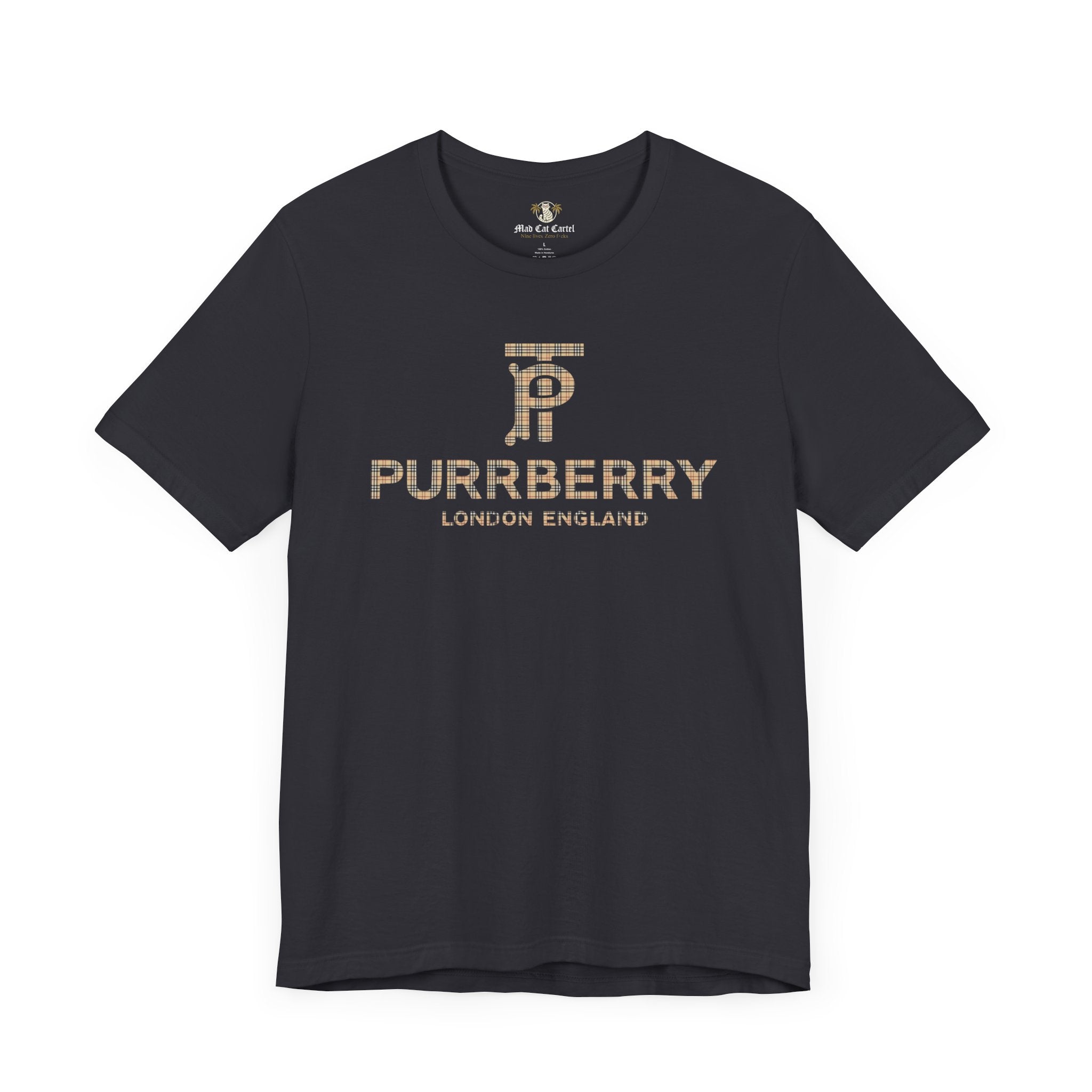 purrberry london coat club cat graphic t shirt dark gray front view cat themed clothing