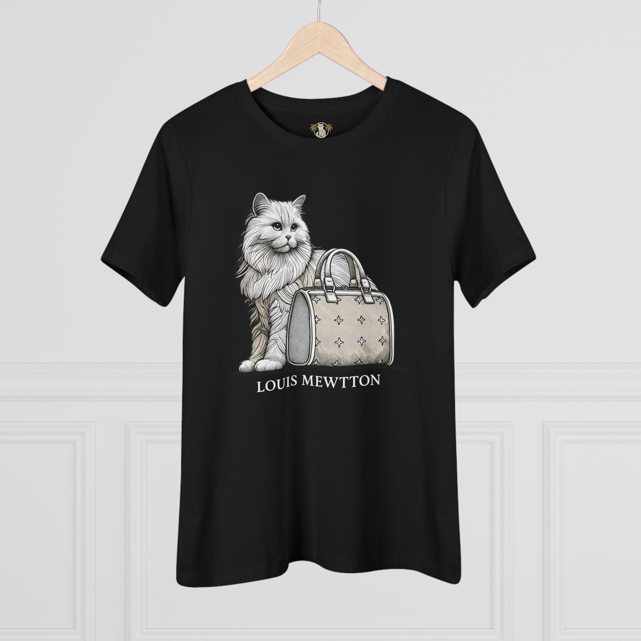 Louis Mewtton Persian Cat Graphic Women's black Tee on hanger unique gifts for cat lovers