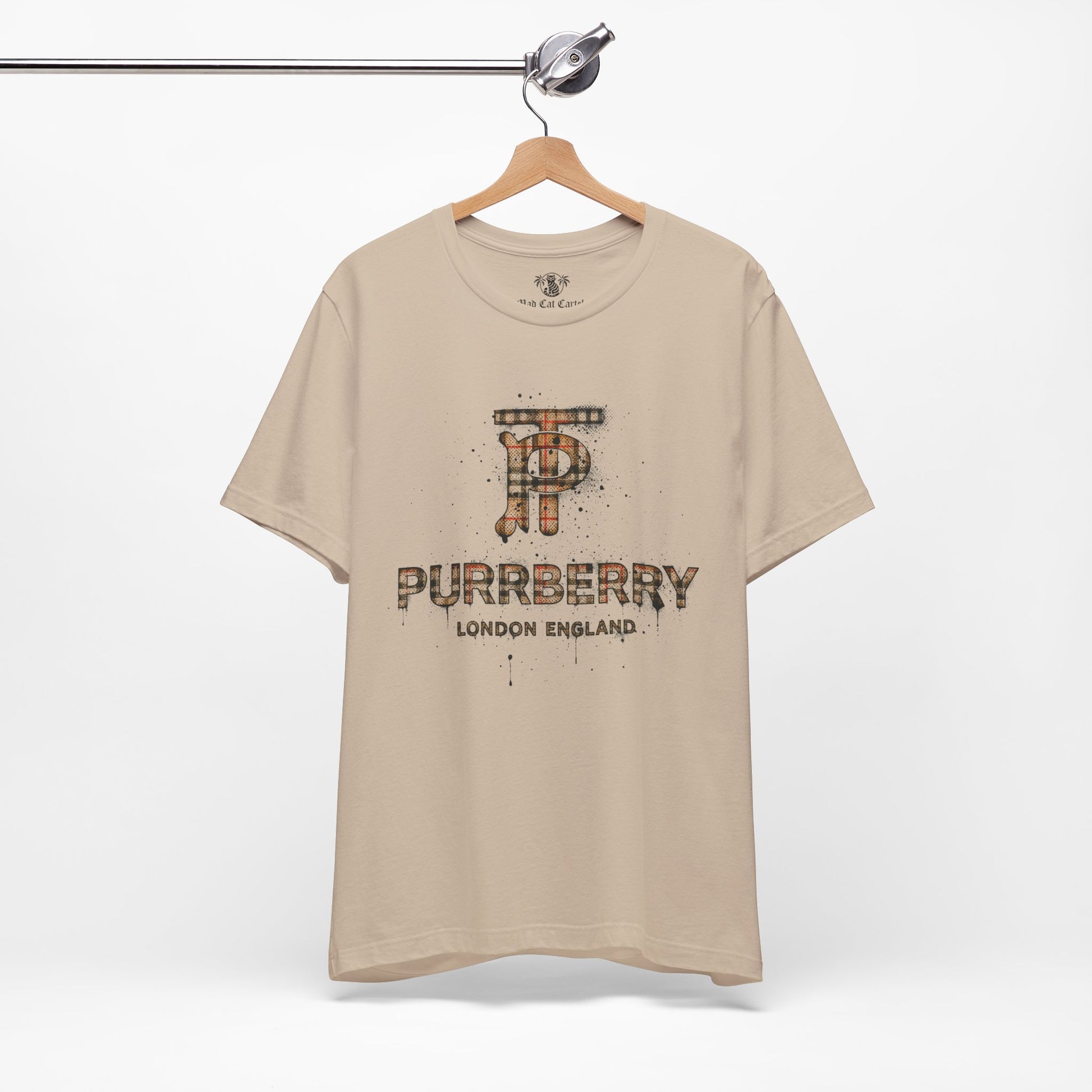hanging purrberry london heritage spray cat graphic t shirt tan cool cat shirts for men