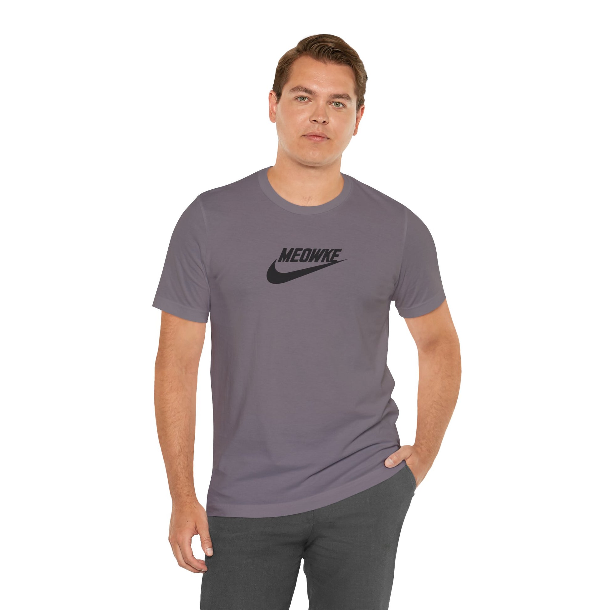 Funny t shirts for men – storm grey unisex tee worn by male model, black Meowke chest logo