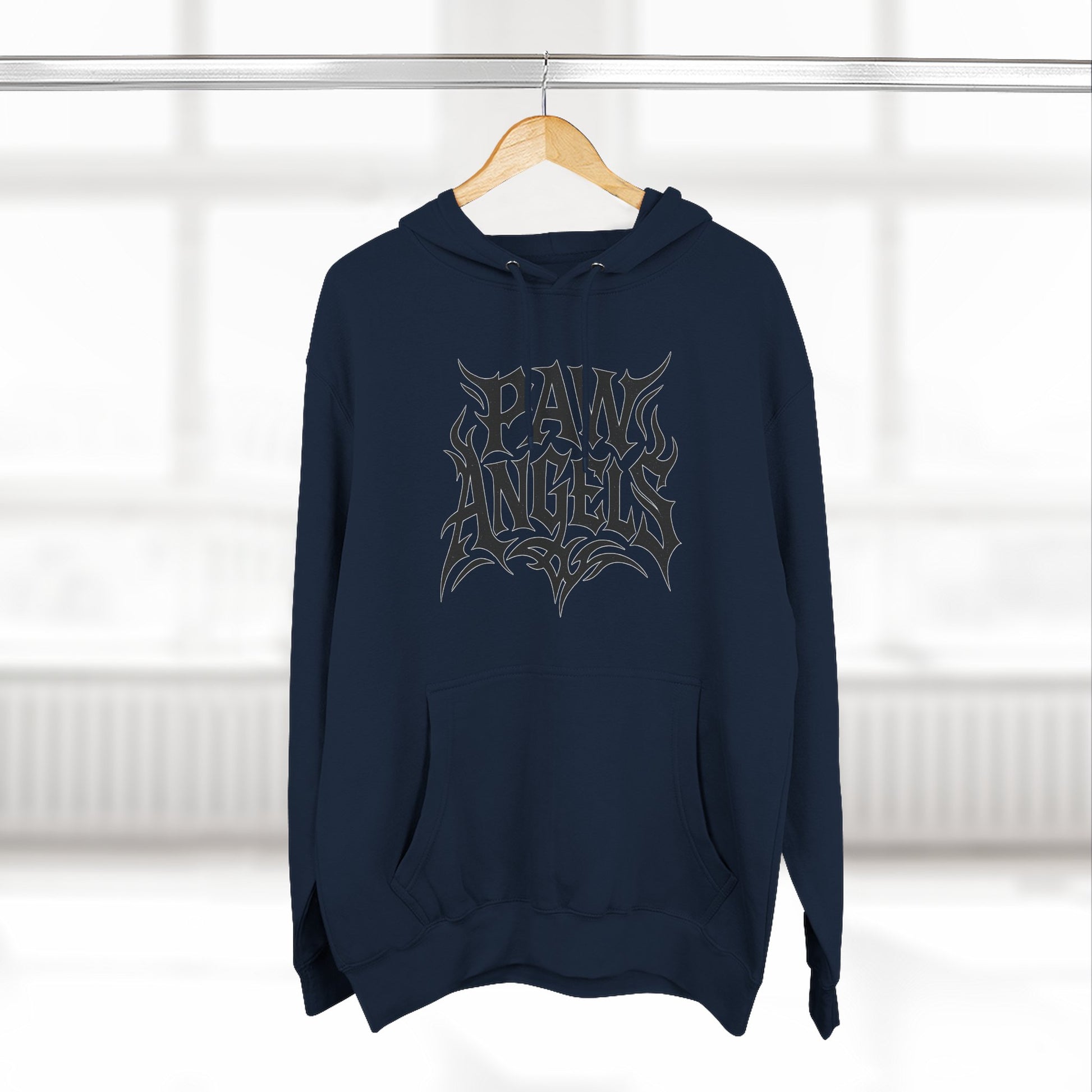 Paw Angels Tribal Logo royal blue hoodie displayed on hanger, hoodie for cat lovers